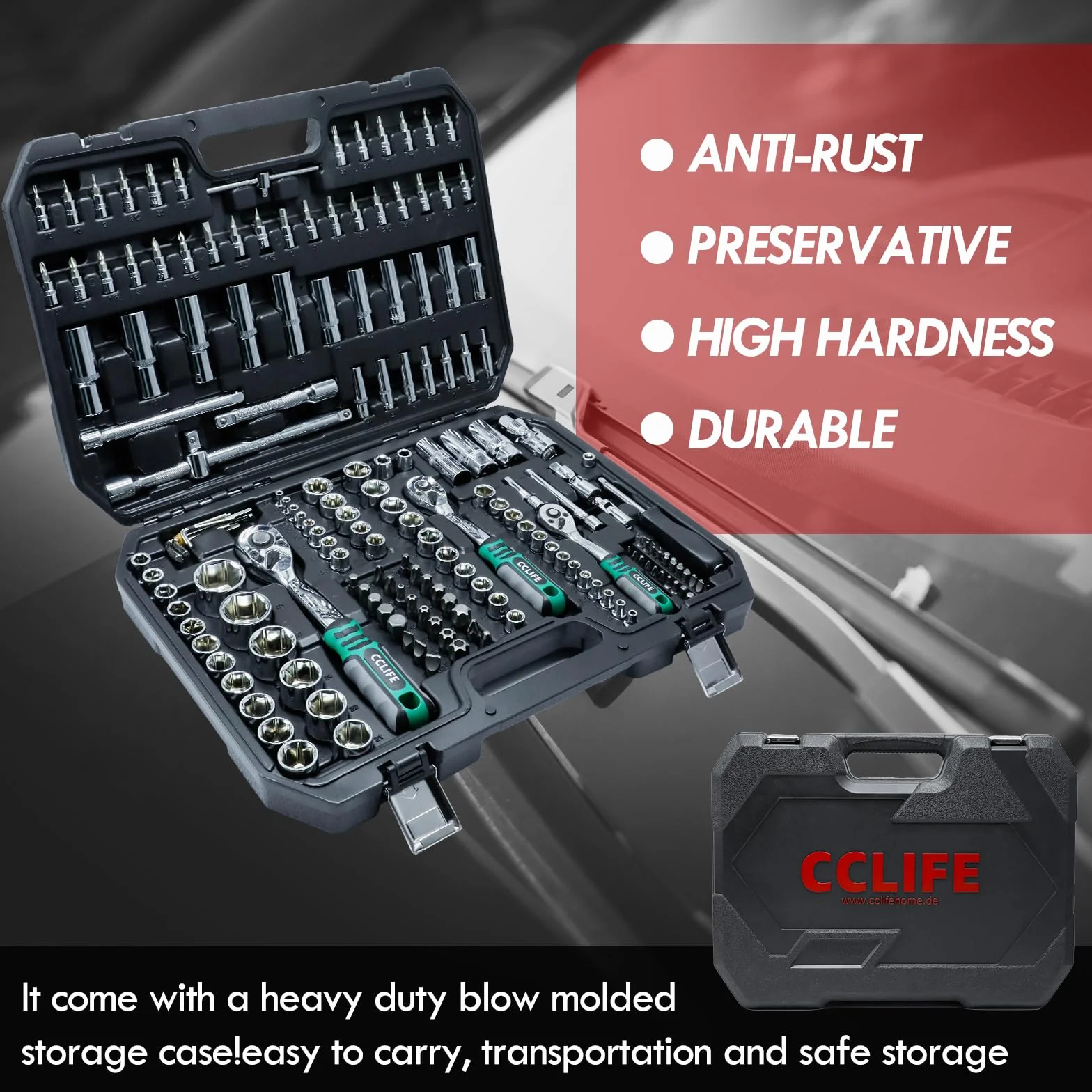 CCLIFE 187-częściowy zestaw nasadek Cr-V 1/2" 1/4" 3/8" 72 zęby