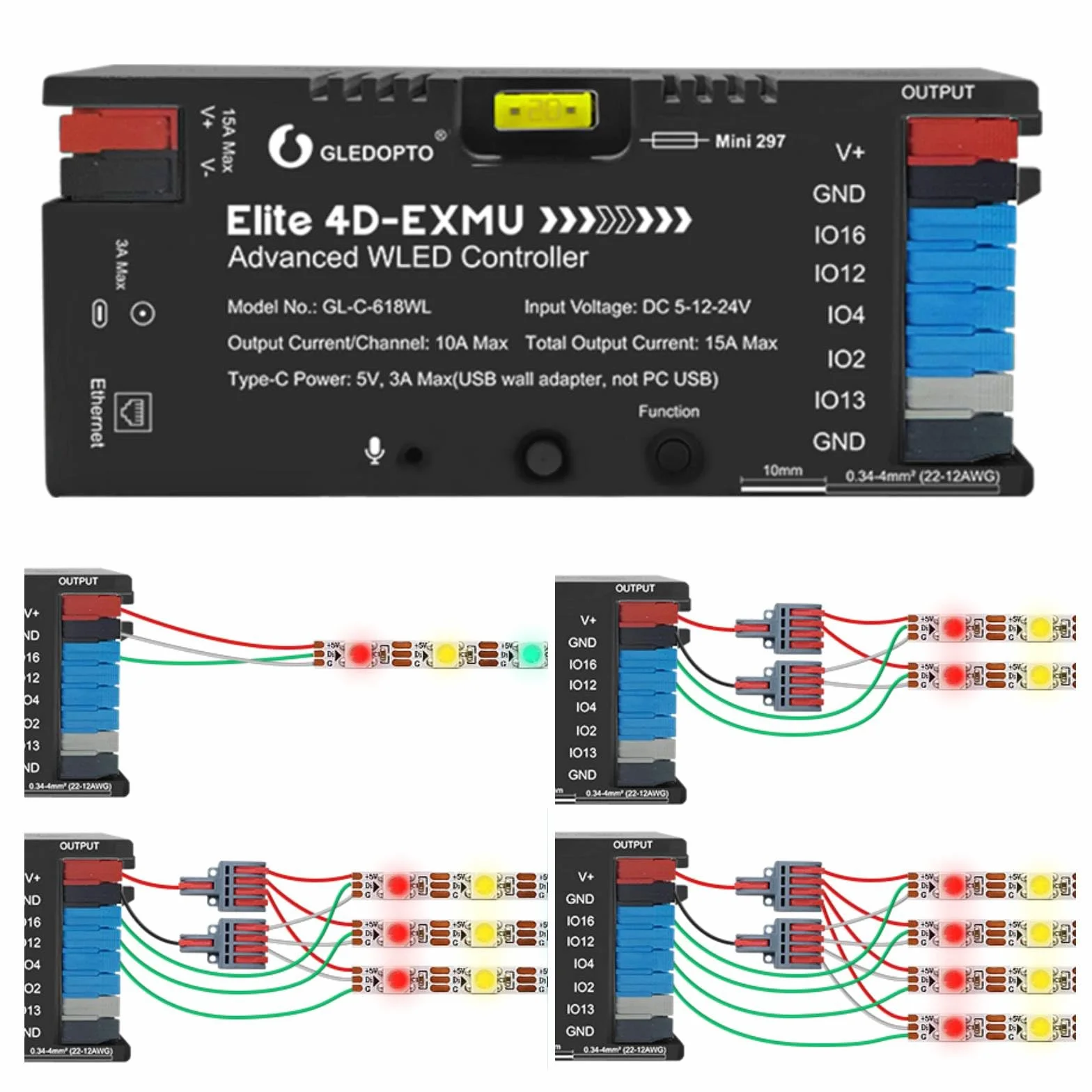 GLEDOPTO ESP32 WLED kontroler z 4 wyjściami Ethernet Music Sound UART 20 A bezpiecznik statywowy do WS2811 WS2812 SK6812 WS2815 Adresowana cyfrowa listwa świetlna RGB IC (618WL-4 wyjścia)