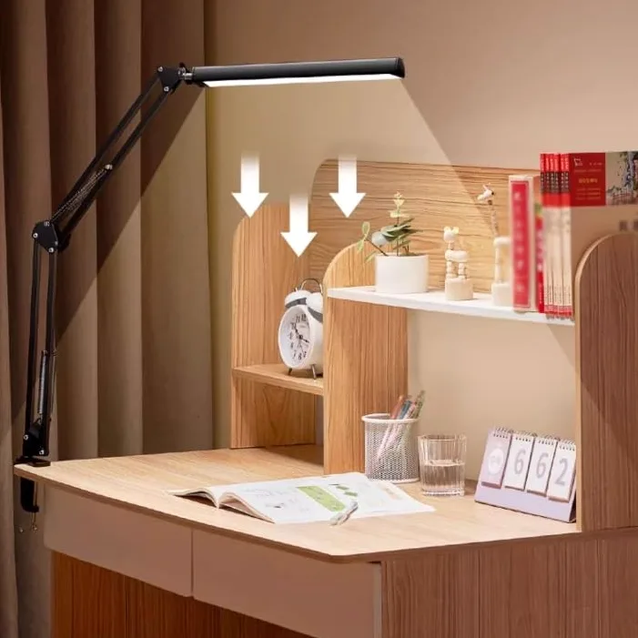 Lampa biurkowa Lampa biurkowa LED z zaciskiem, metalowa lampa wysięgnikiem, składana lampka do czytania chroniąca oczy, 3 tryby kolorów i płynne przyciemnianie, używana w biurze domowym