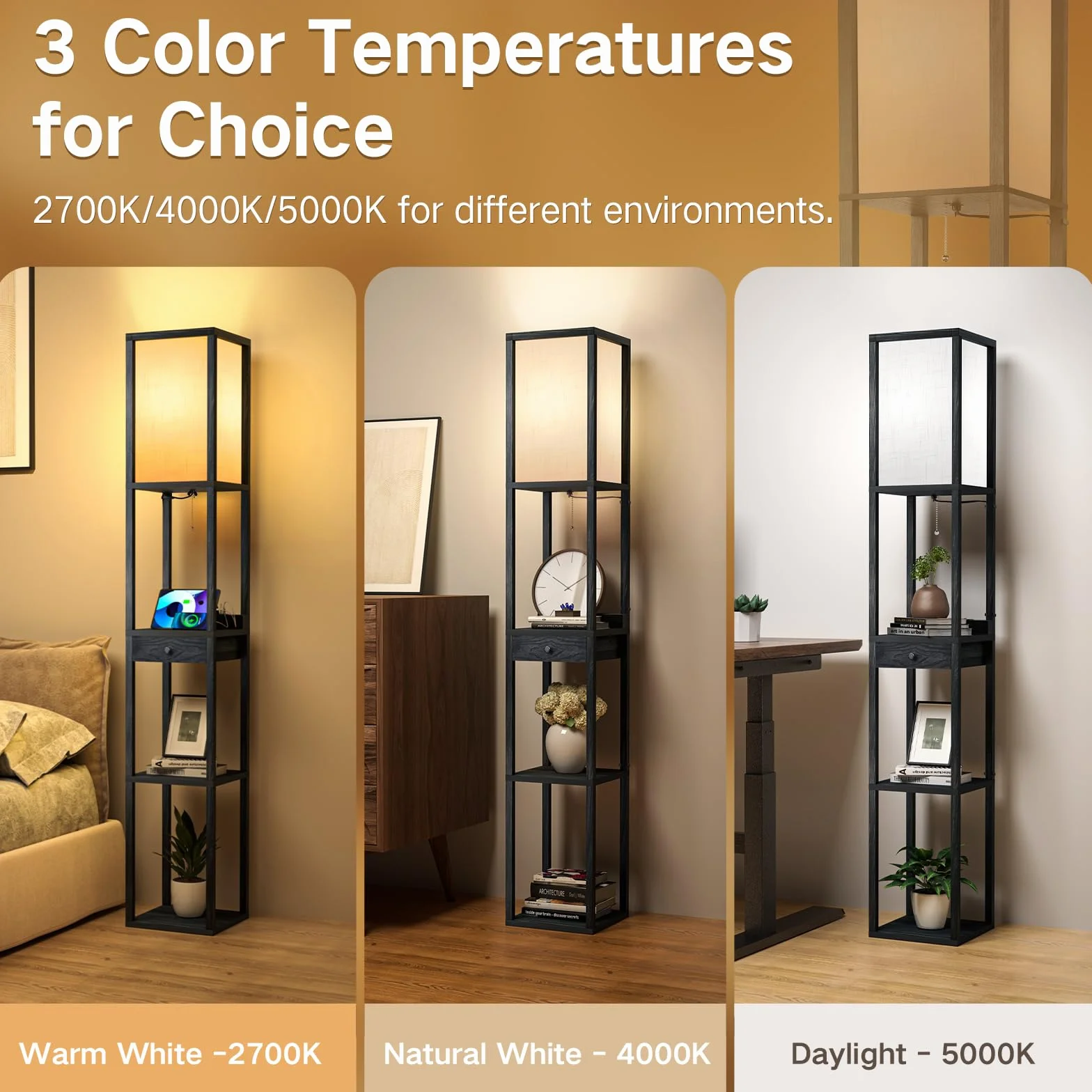 OUTON Lampa stojąca LED z szufladą, 3 temperatury barwowe, 2 porty USB, czarna