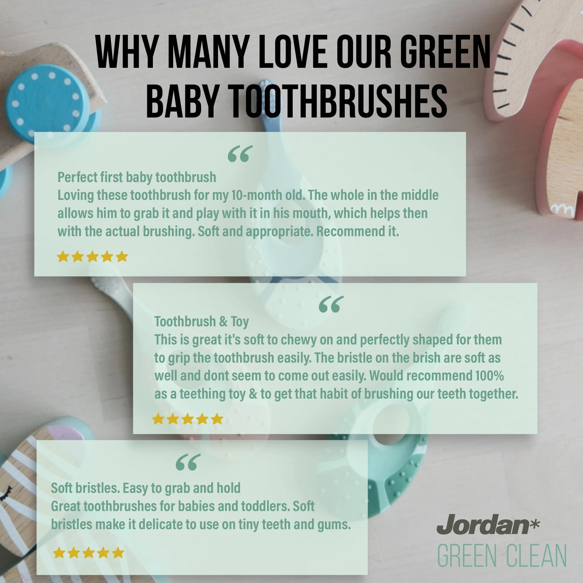 Jordan Step 1 Green Clean szczoteczka do zębów dla małych dzieci, ekologiczna, bardzo miękkie włosie, 84 uchwyty z recyklingu, miękki gryzak, mieszane kolory, opakowanie 3 szt