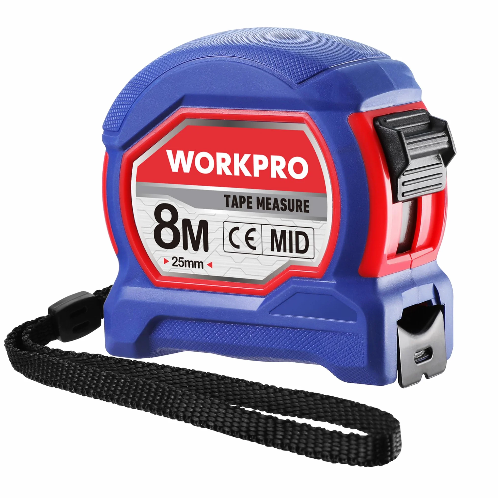 WORKPRO Taśma miernicza 8 m, 25 mm, profesjonalnie zwijana, metalowa taśma miernicza ze smyczą, metalowy klips do paska i blokadą