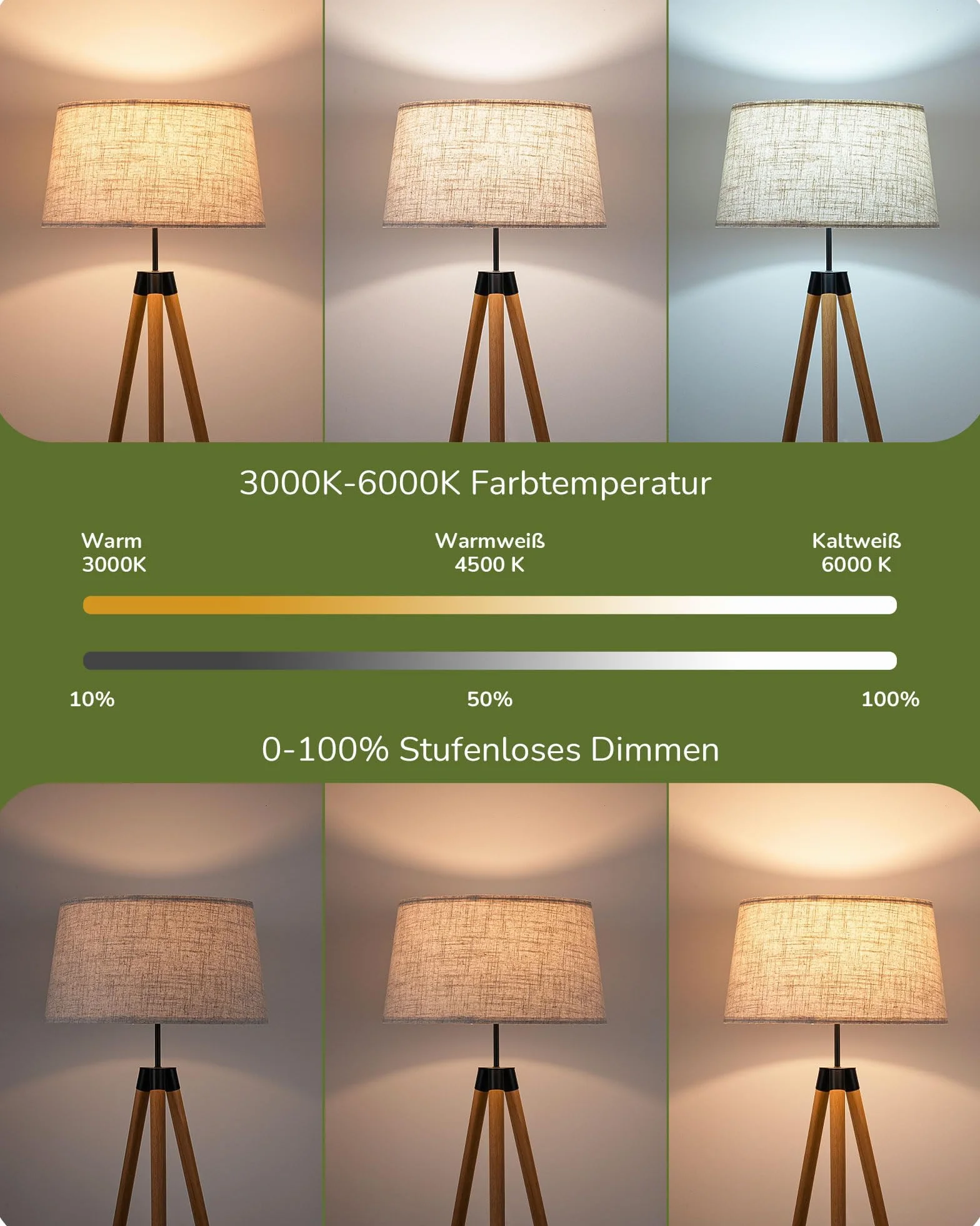 EDISHINE Lampa stojąca do salonu, ściemniana, lampa stojąca w stylu boho ze statywem z drewna, w zestawie żarówka LED E27 i pilot zdalnego sterowania, abażur w stylu vintage, lampa do czytania do