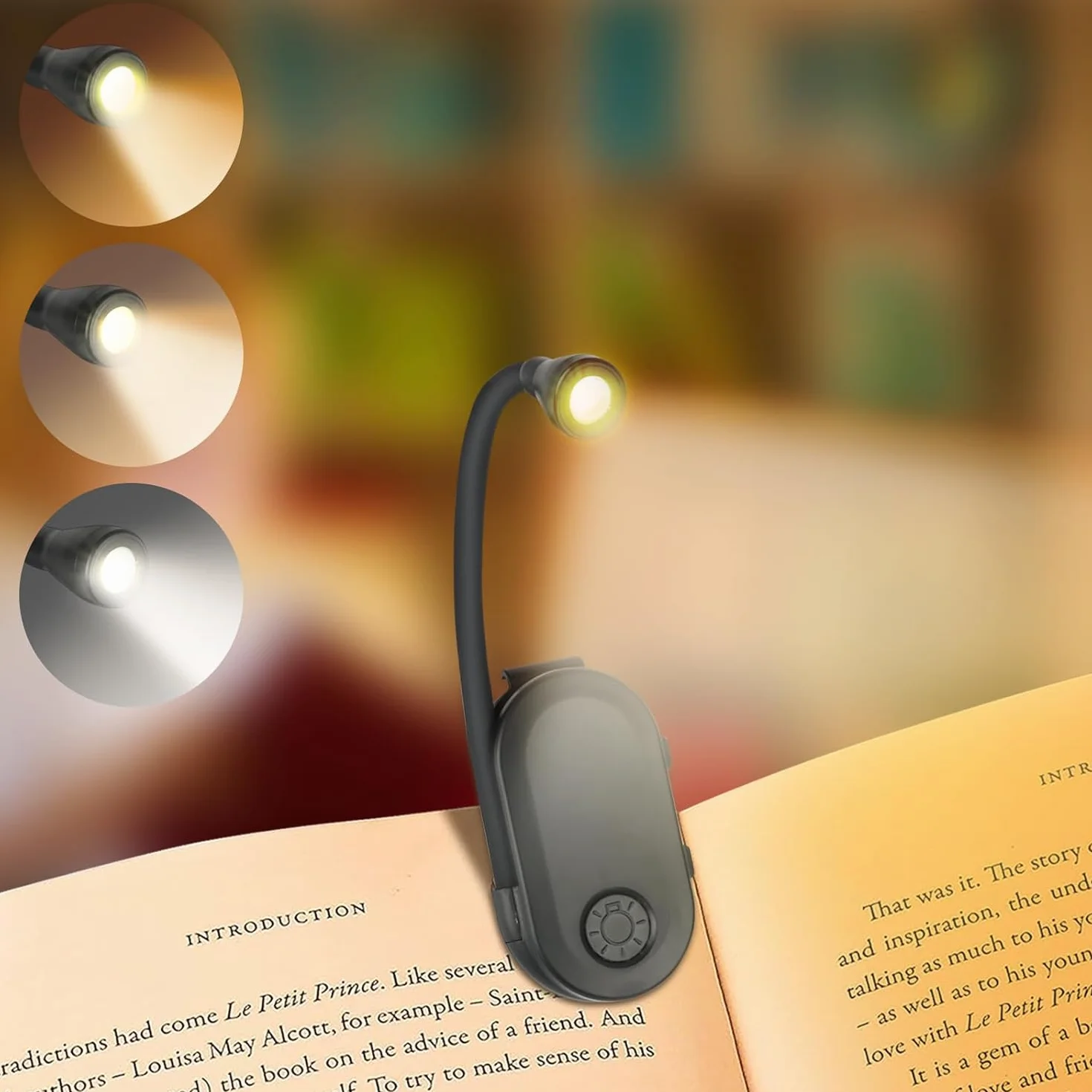 Zaciskana lampa do czytania, czytnik e-booków LED, 360°, zacisk, regulowana jasność, 3 kolory, przenośna, do pracy w podróży