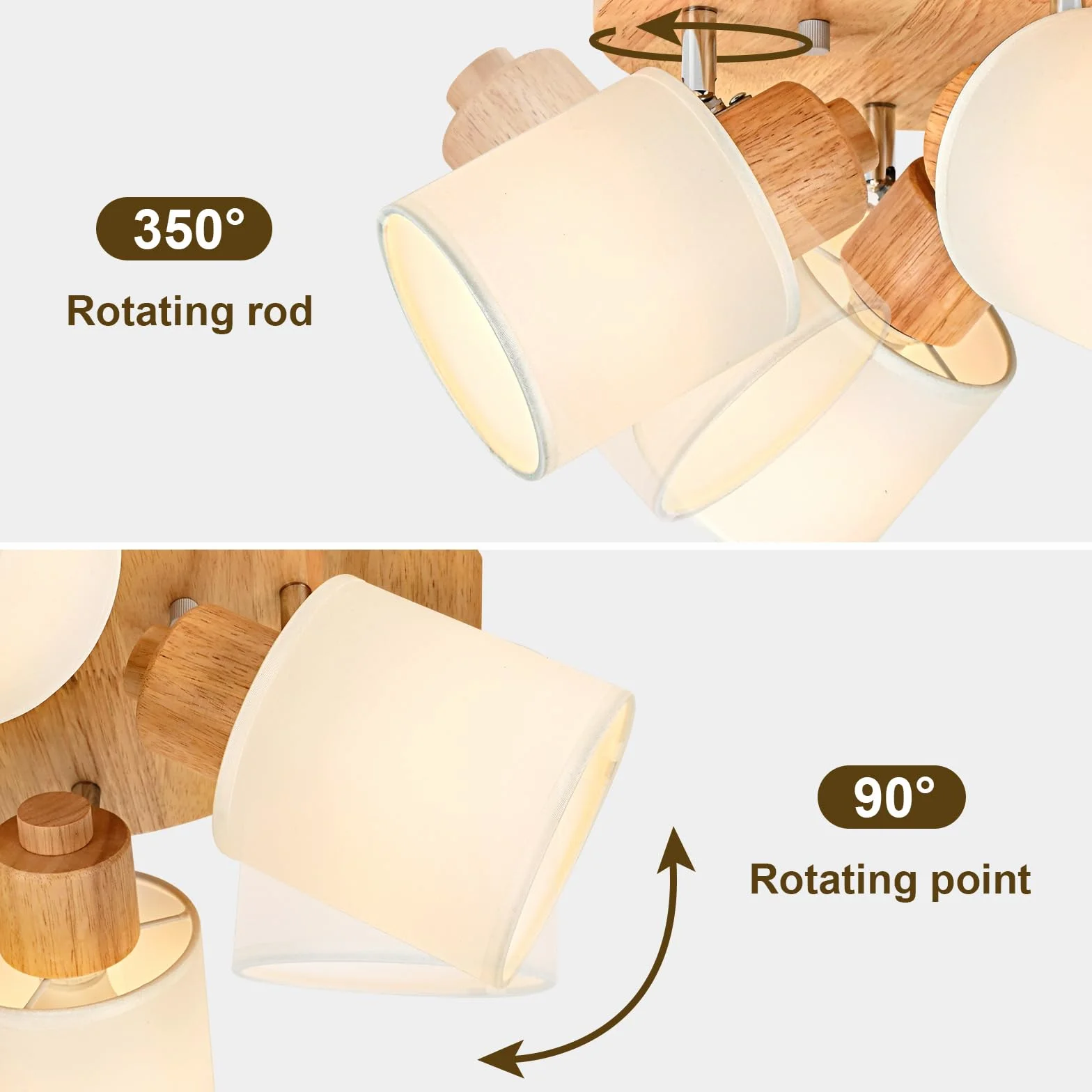 Lampa sufitowa 4 obrotowe reflektory, okrągłe drewno oświetlenie sufitowe oprawa wewnętrzna Retro E14 kinkiet do salonu, sypialni, kuchni, jadalni 230 V, bez żarówek