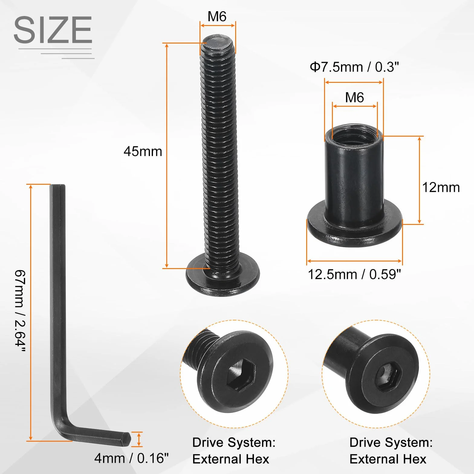 QUARKZMAN 10 zestawów Śruby z łbem sześciokątnym M6x45mm z nakrętkami M6x12mm i kluczem sześciokątnym, śrubami i śrubami łączącymi meble do paska wpuszczanego mebli, czarny
