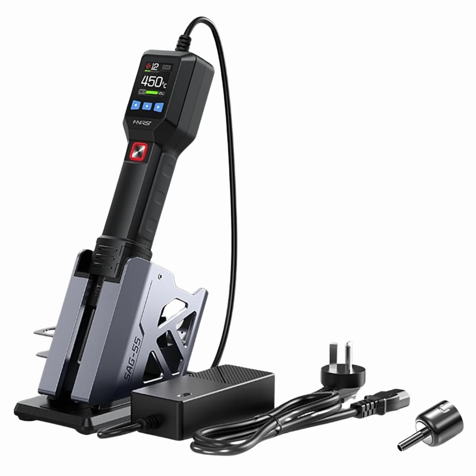 DEWIN Pistolet na gorące powietrze z wyświetlaczem cyfrowym, 550 W, przenośna, mini opalarka, regulacja temperatury 100°C – 450 °C, 20 prędkości nawiewu