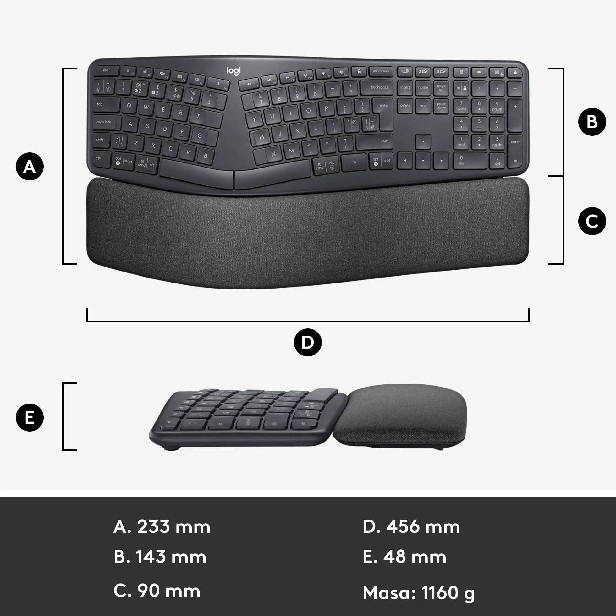Logitech ERGO K860 - Bezprzewodowa ergonomiczna klawiatura dzielona, podkładka pod nadgarstek, łączność Bluetooth i USB, kompatybilna z Windows/Mac, QWERTY US Intl - Czarny