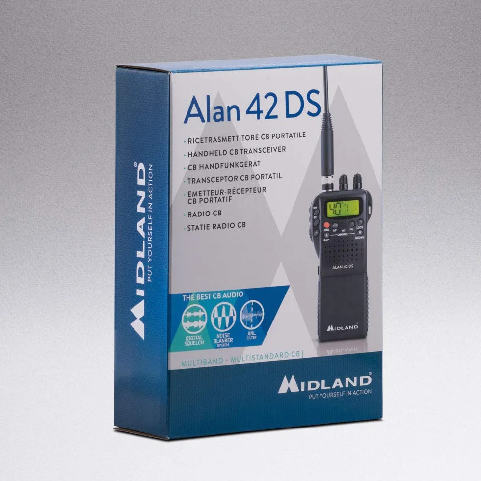Midland Alan 42 DS Powerbundle CB Multi Band AM/FM CB urządzenie radiowe i akumulator litowy przełączane na każdą europejską. Norma krajowa, 2-biegunowe gniazdo akcesoriów, cyfrowa blokada szumów,