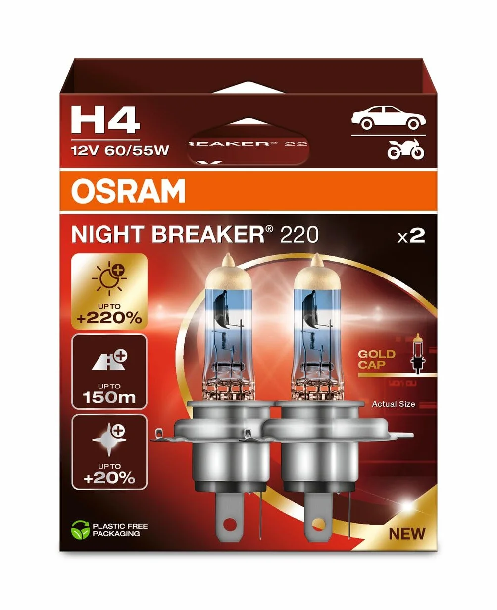 OSRAM NIGHT BREAKER 220, H4, +220% większa jasność, reflektor halogenowy, 64193NB220-2HB, składane pudełko (2 lampy)