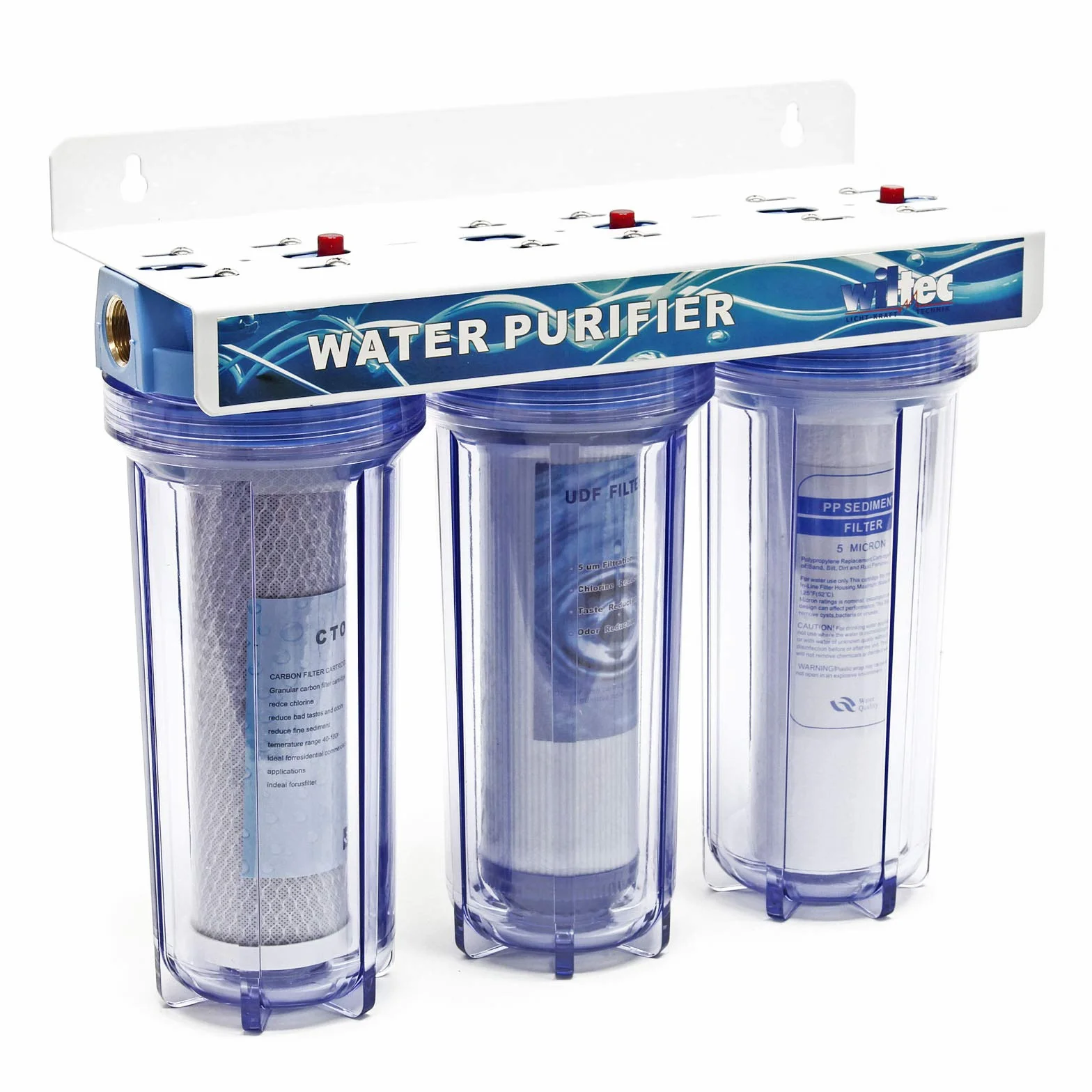 Naturewater NW-PR103 3-stopniowy filtr do wody, 5 µ, 20,67 mm (1/2"), wkład PP Ø62 mm, uchwyt ścienny filtra, klucz do filtra, filtr osadów blok węgla aktywnego granulat węgla aktywnego