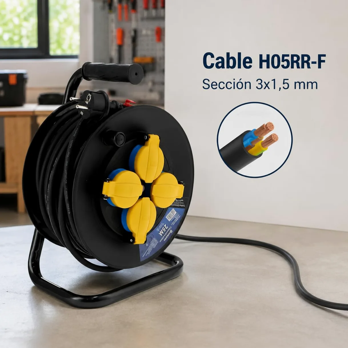 M mimotec - Zewnętrzny zwijacz kabla 25 m IP44 4 gniazda 3200W 16A | Kabel H05RR-F 3G1,5 mm² | Ochrona przed dziećmi | Idealny do ogrodu, na plac budowy i warsztatu