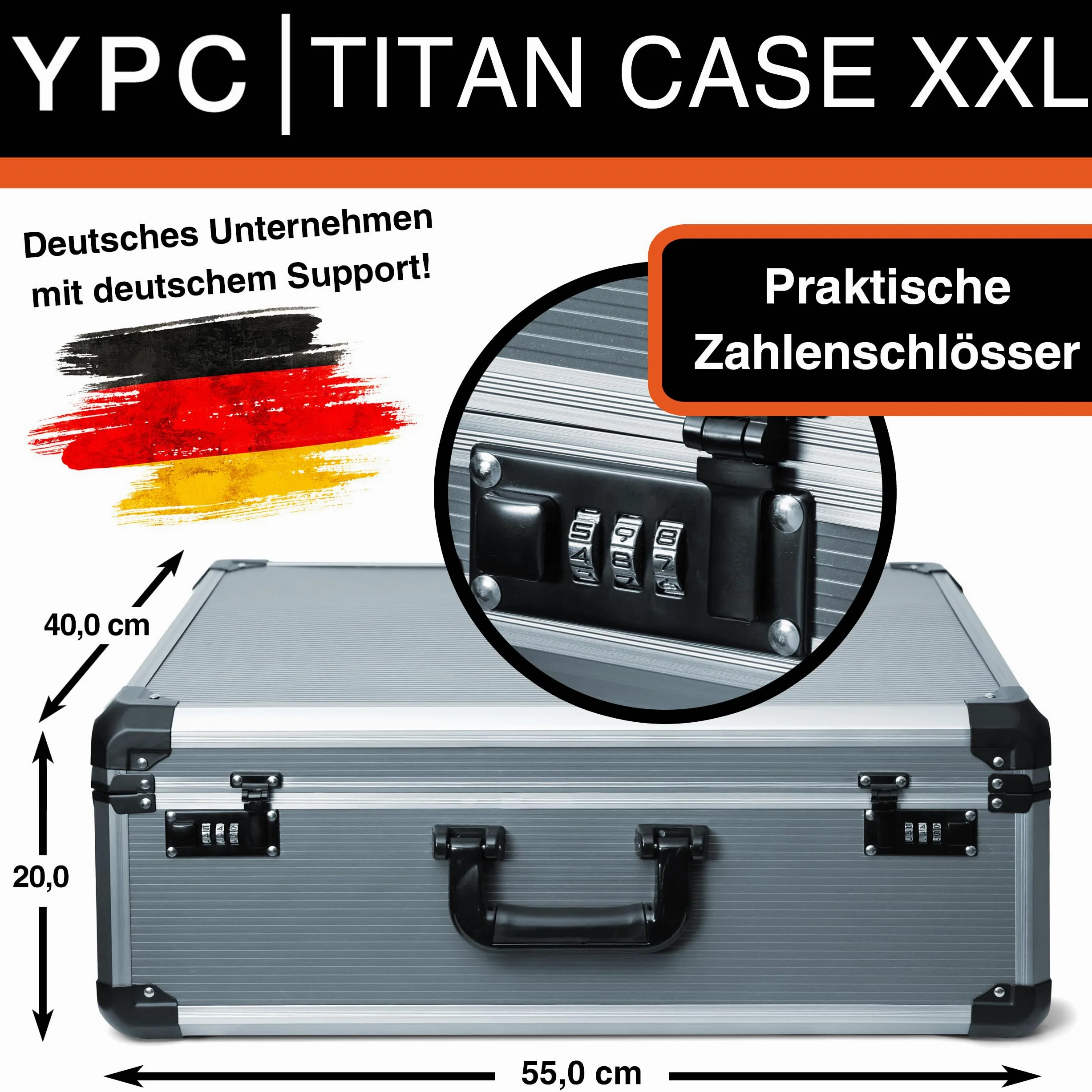 YPC TitanCase XXL - walizka aluminiowa 55 x 40 x 20 cm z pianką w kostce, uniwersalna walizka, walizka na drona, walizka na pistolet, walizka narzędziowa, pusta