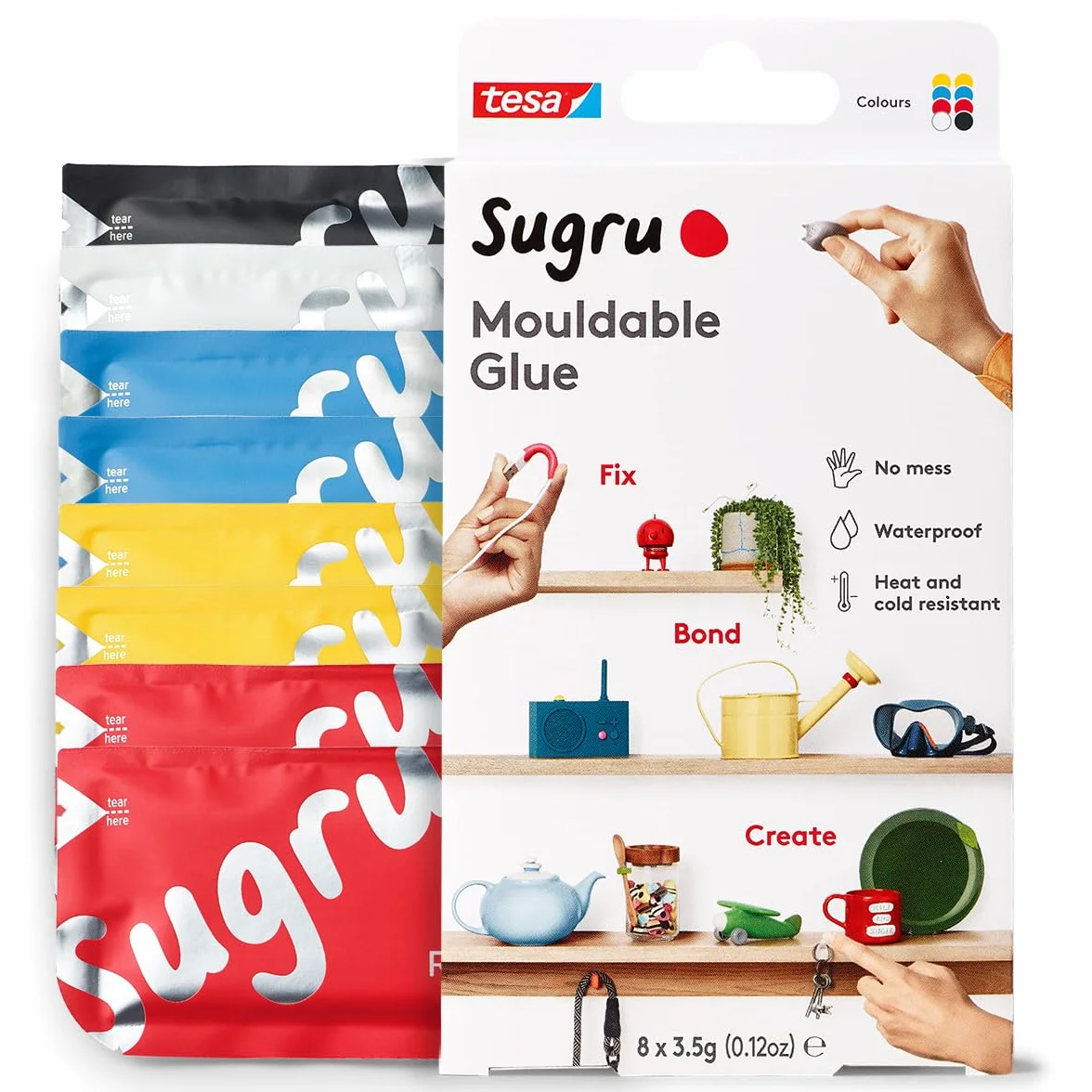 tesa Sugru uniwersalny klej formowalny – wszechstronna silikonowa guma do napraw, klejenia i mocowania bez wiercenia – ośmiopak, 8 x 3,5 g, kolor: czerwony, niebieski, żółty, czarny & biały