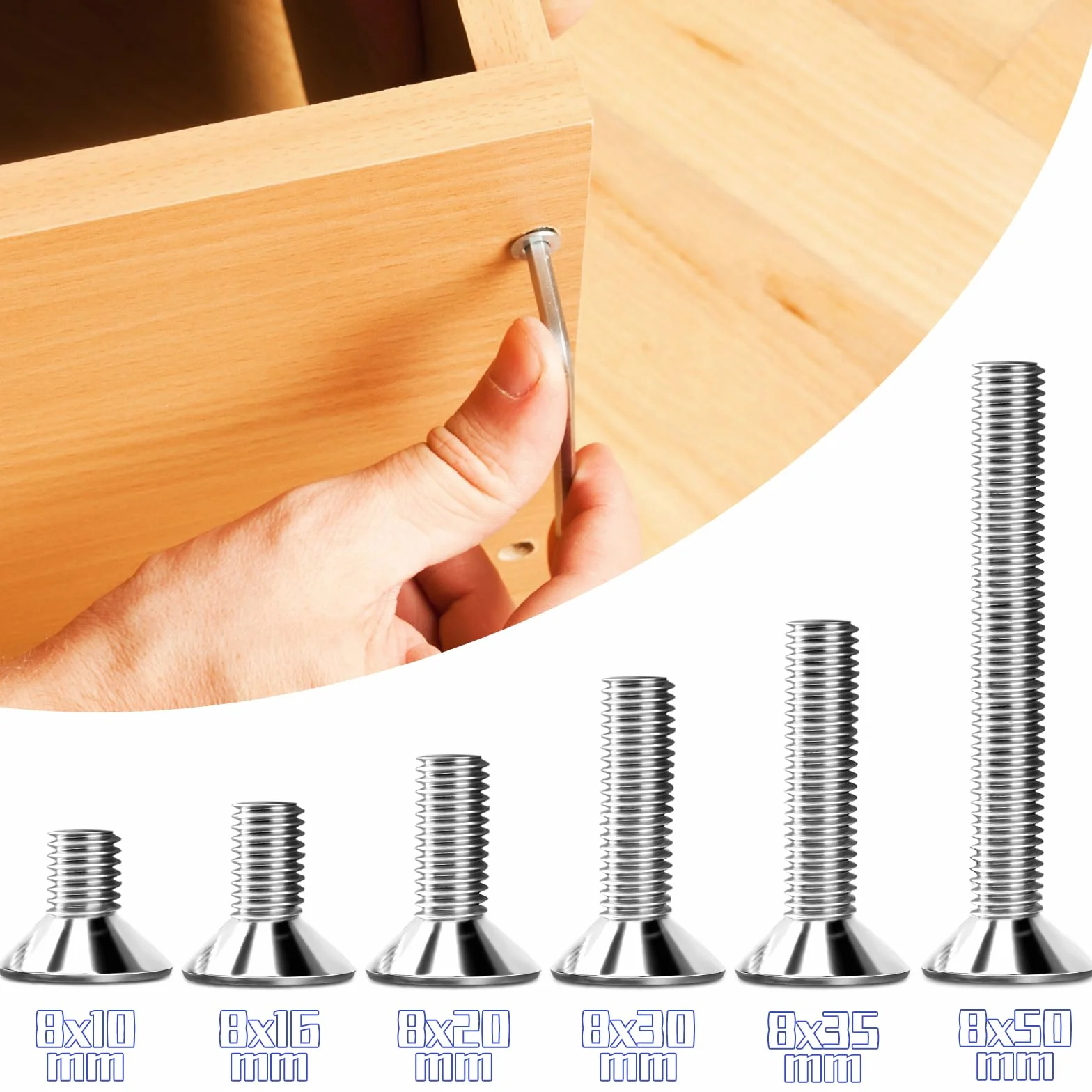 20 szt. śrub z łbem stożkowym ze stali szlachetnej M8 x 30 mm, śruby z łbem sześciokątnym M8 i stali szlachetnej DIN 7991/ISO 10642, śruby z łbem stożkowym, z 2 szt. łbem sześciokątnym (srebrne)