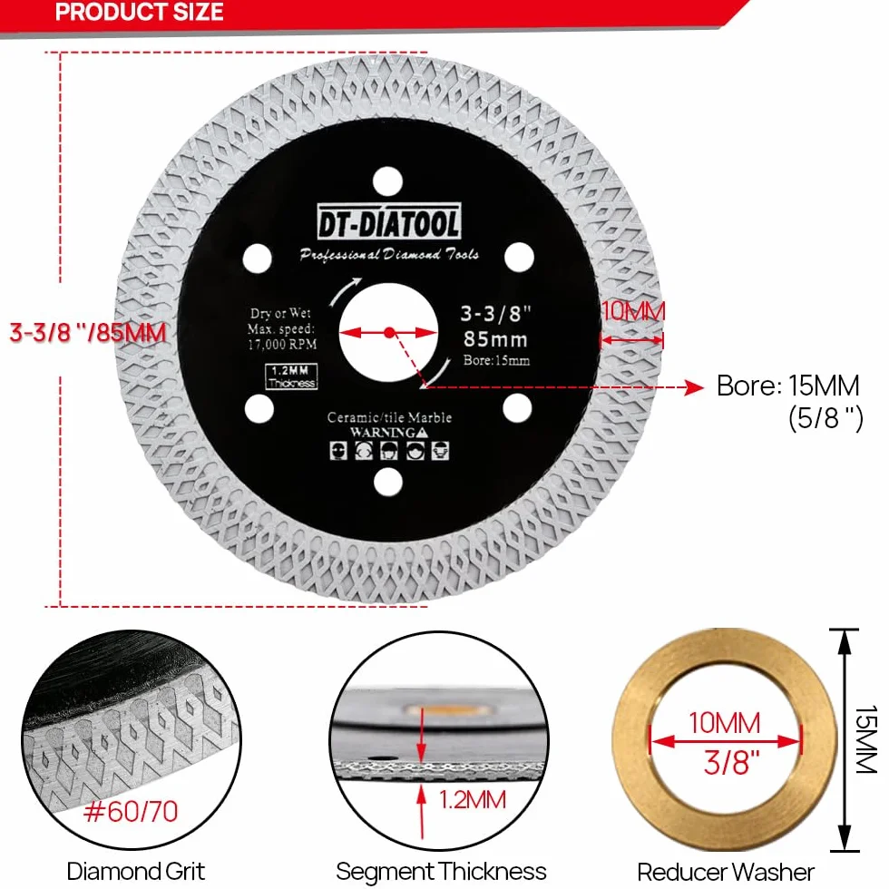 DT-DIATOOL Diamentowa tarcza do płytek 85 mm 2-pak cięcia porcelany płytki ceramiczne marmur granit brzeszczot do piły tarczowej z segmentem siatki X Mesh Arbor 10 mm-15 mm