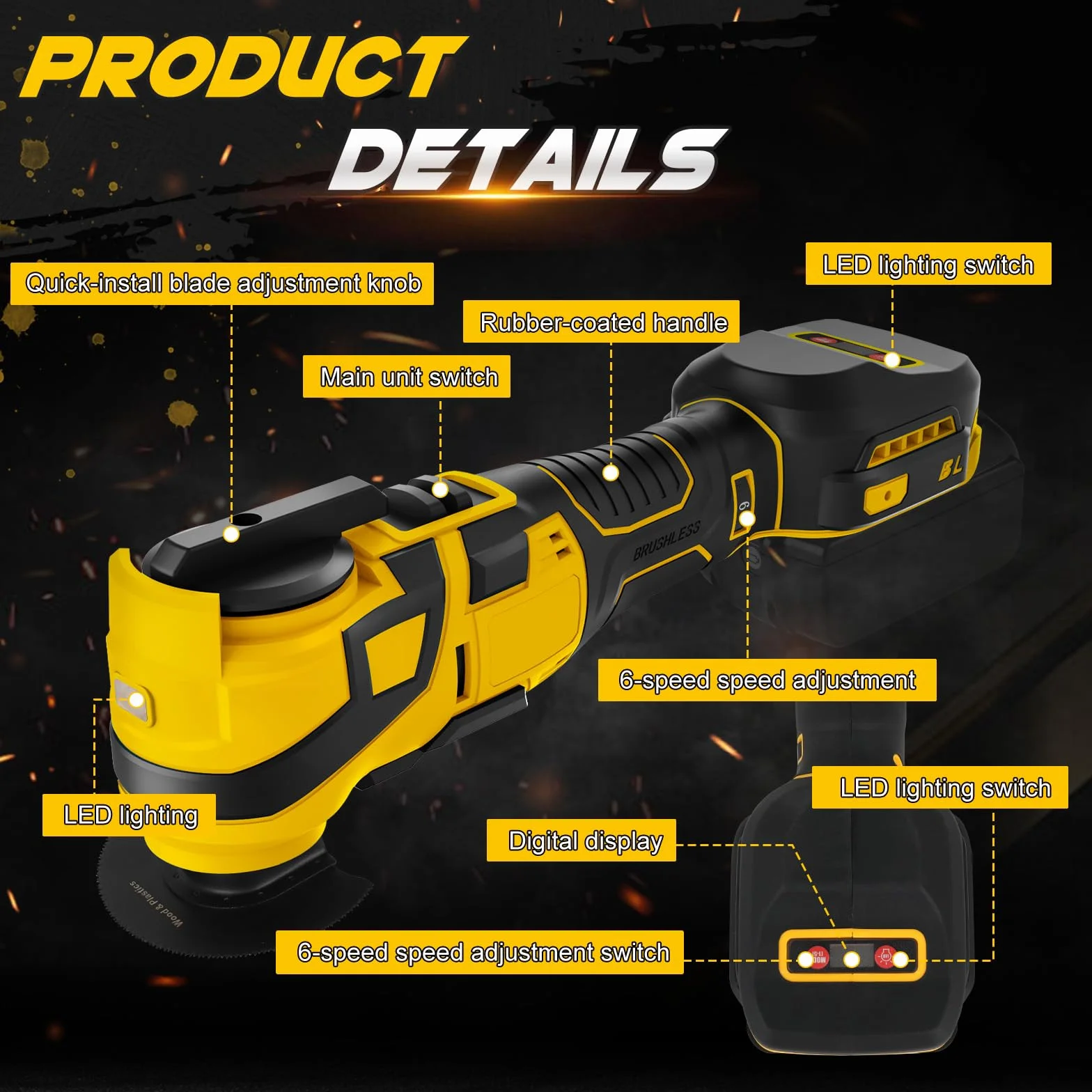 WingFly Wielofunkcyjne narzędzie akumulatorowe do Dewalt 18 V, 20 V | Oscylujące narzędzie wielofunkcyjne, 6 regulowanych prędkości (prędkość oscylacji 10000-20000 min¹ bez akumulatora)