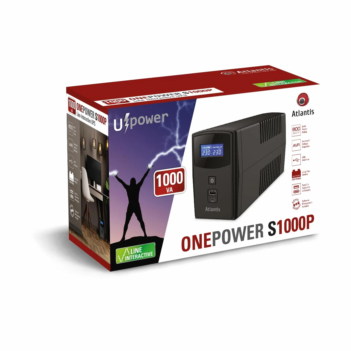 Atlantis A03-S1000P zasilacz awaryjny 1000 VA 600 W Line interaktywny LCD USB