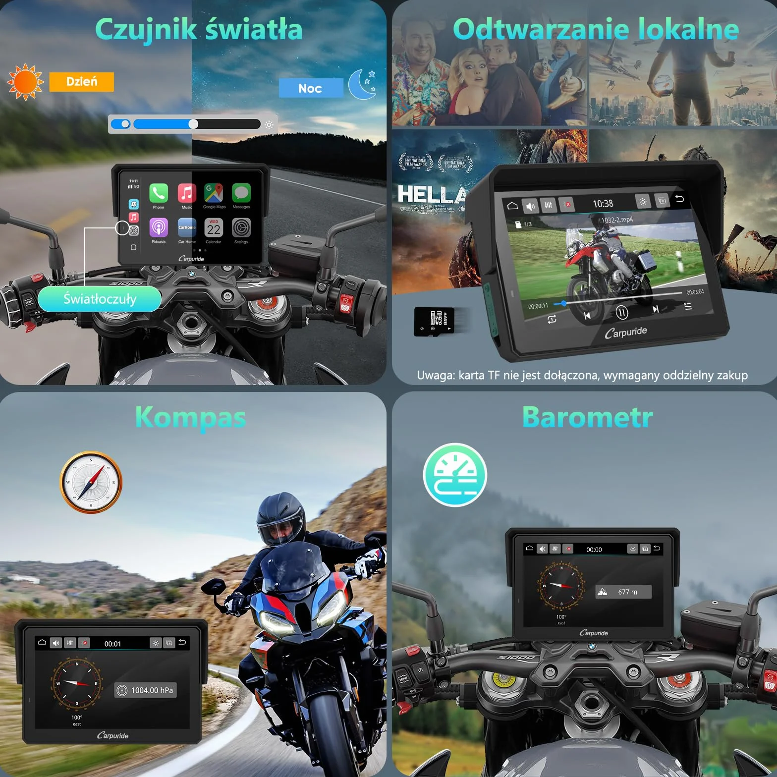 CARPURIDE W502BS PRO do motocykli BMW, CarPlay i Android Auto, podwójny Bluetooth, 5-calowy wodoodporny ekran nawigacji GPS, odczyt danych, Native Wonder, TPMS, czujnik światła, udostępnianie muzyki,