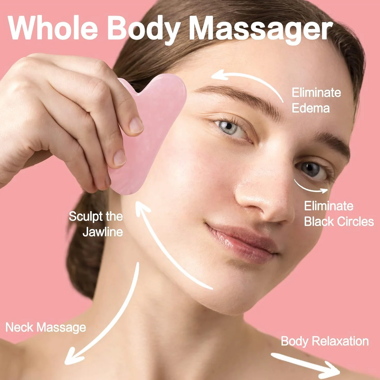 Gua Sha, 100% naturalny kamień, narzędzie do rzeźbienia linii szczęki i redukcji obrzęków, narzędzie do masażu gua sha, odpowiednie do codziennej pielęgnacji skóry (różowy)