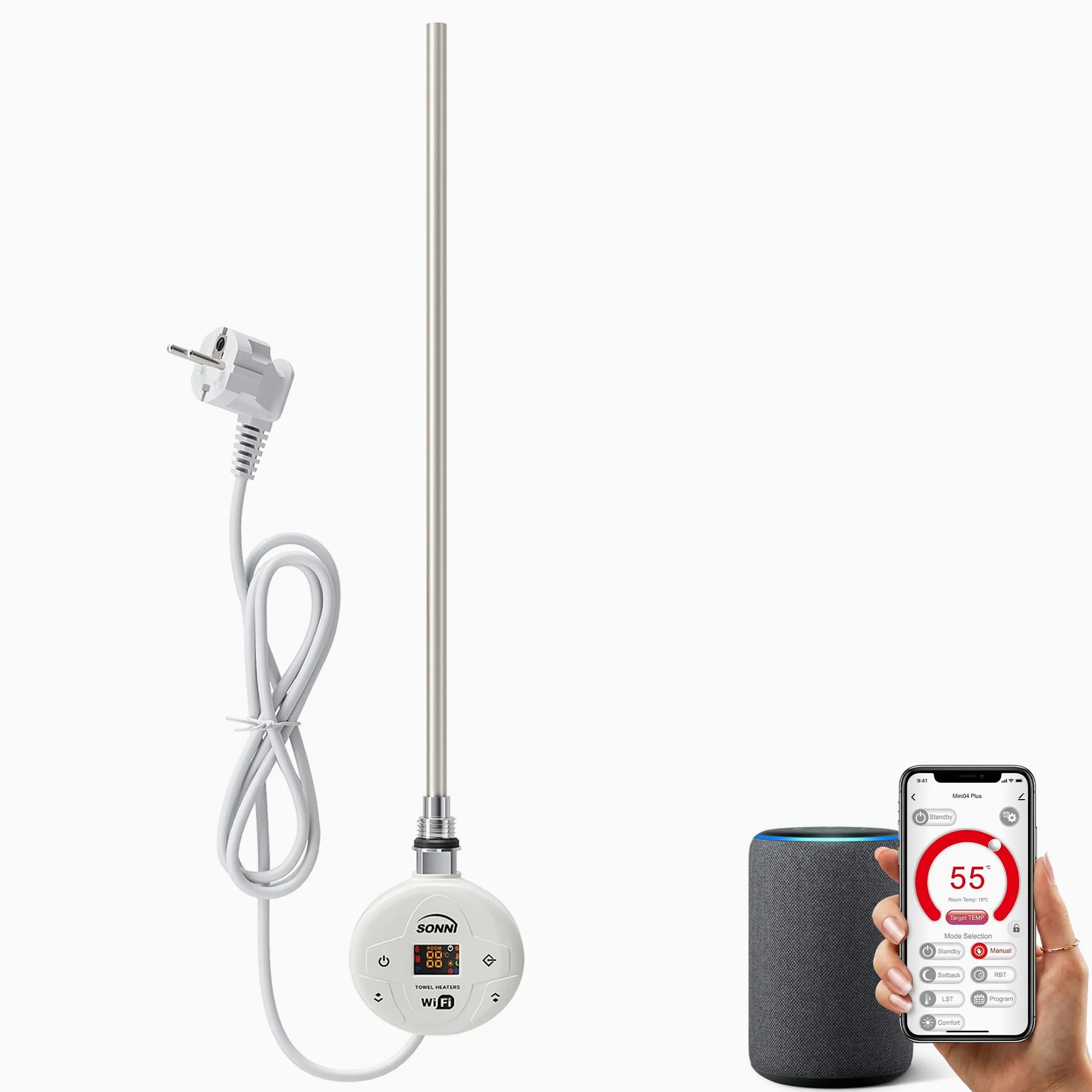 SONNI Smart WiFi elektryczny pręt grzewczy 400 W, biały, z termostatem, inteligentny regulator temperatury do grzejników łazienkowych, sterowanie za pomocą aplikacji
