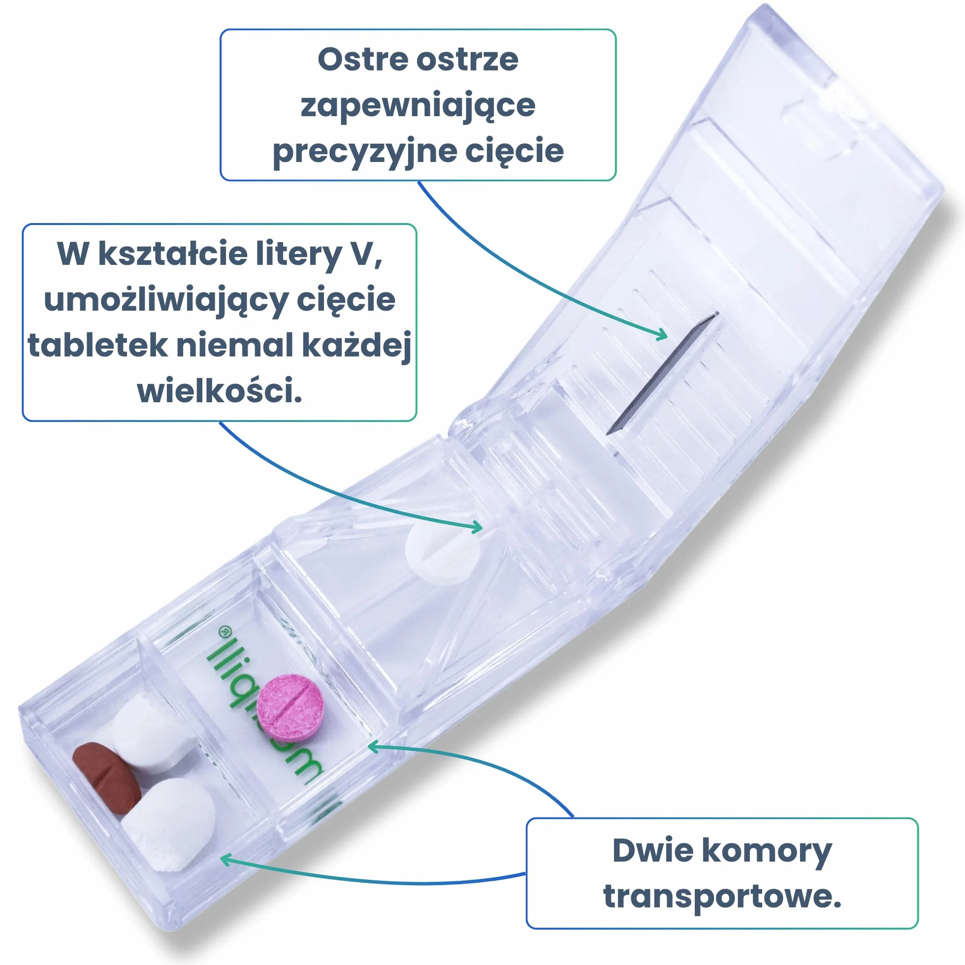 Precyzyjny obcinacz do tabletek | Ręczny obcinacz do tabletek z ostrzem ze stali nierdzewnej | Kompaktowe i bezpieczne etui na leki | Do użytku codziennego i w podróży | MED-CP-T