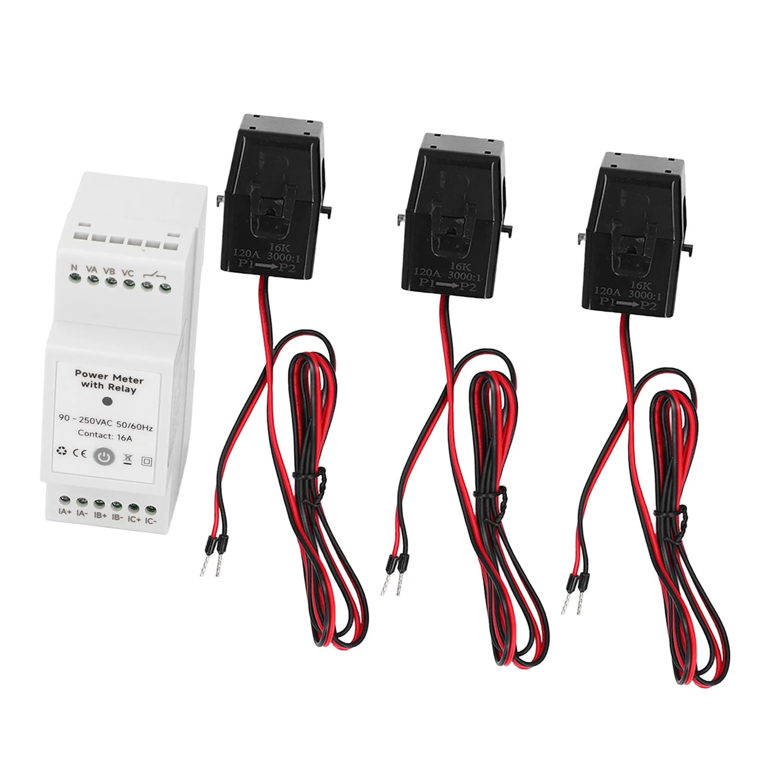 Eujgoov Monitor Energii WiFi, 3-fazowy, 4-przewodowy Inteligentny Licznik Zużycia Energii Elektrycznej ABS z 3 Zaciskami CT 120A, Dwukierunkowy Monitoring Aplikacji w Czasie Rzeczywistym Sterowanie
