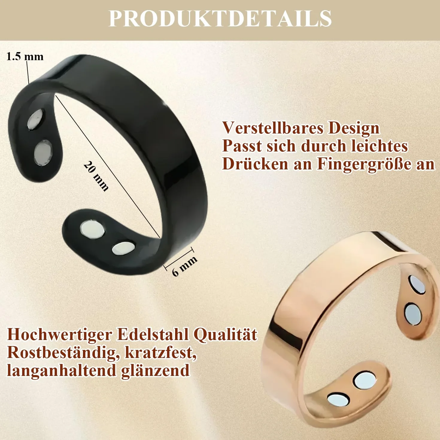 2 sztuki damskich pierścionków magnetycznych, Vital Ring Menopauza, stal nierdzewna, stylowa biżuteria magnetyczna z aksamitnym woreczkiem, wspierający kciuk na stres i zmęczenie (różowe złoto, czarny