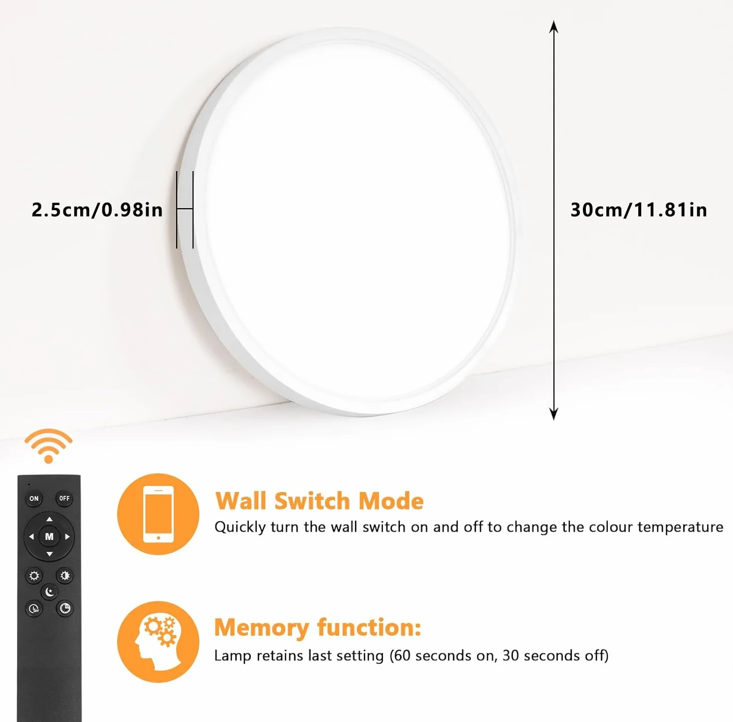 Comely Regulowana Lampa Sufitowa, Średnica 30 cm 24W Plafon LED Do Sypialni IP44, 3000K-6500K 2160 lm Do Kuchni, Sypialni, Korytarza, Łazienki, Salonu