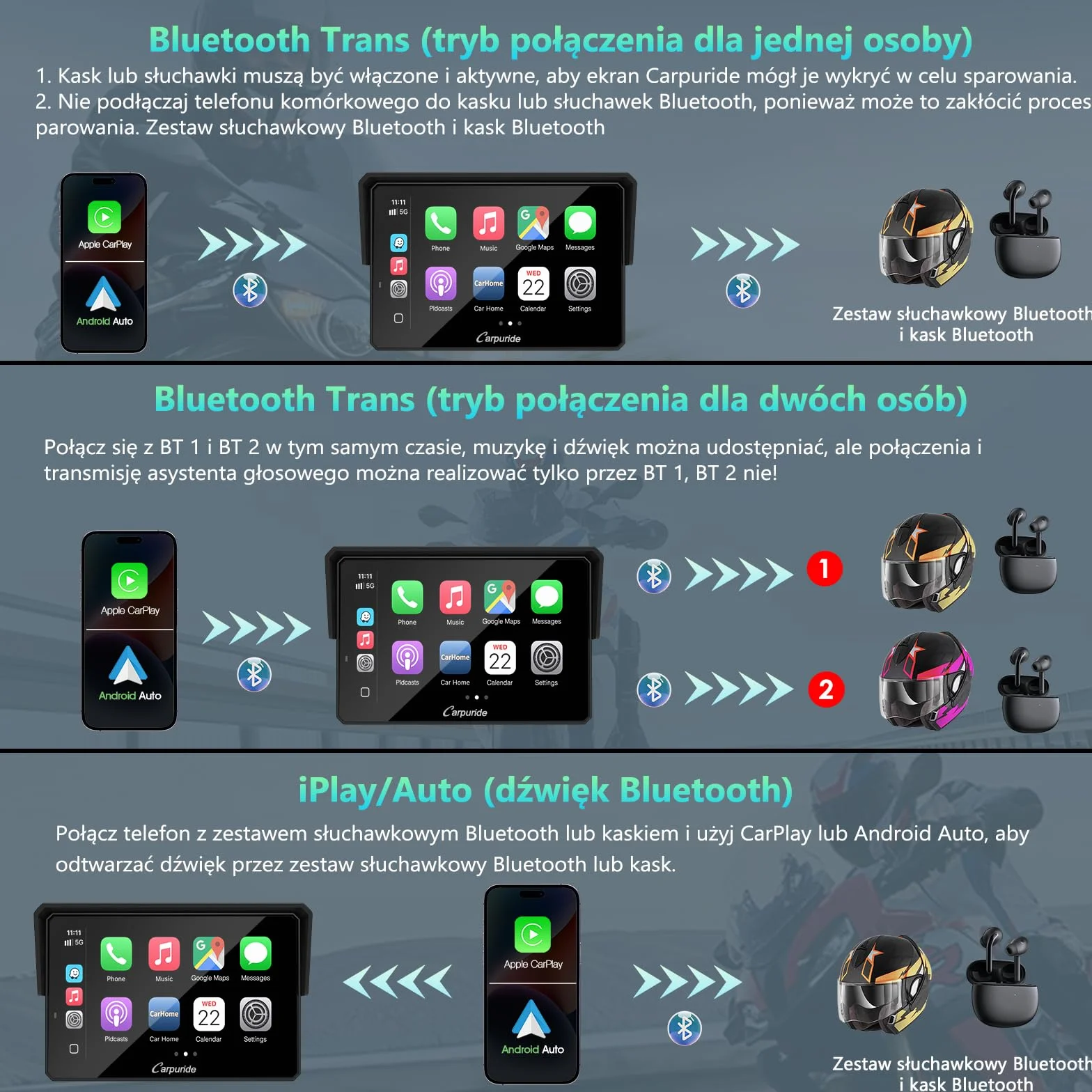 CARPURIDE W502BS PRO do motocykli BMW, CarPlay i Android Auto, podwójny Bluetooth, 5-calowy wodoodporny ekran nawigacji GPS, odczyt danych, Native Wonder, TPMS, czujnik światła, udostępnianie muzyki,