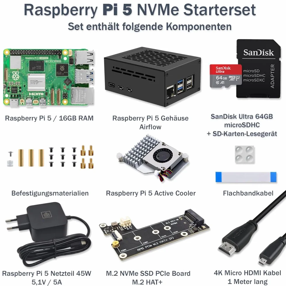 Raspberry Pi 5 16 GB zestaw metalowa obudowa Active Cooler M.2 NVMe SSD PCIe Board zasilacz USB-C 27 W karta SD Ultra 64 GB kabel micro HDMI 4K