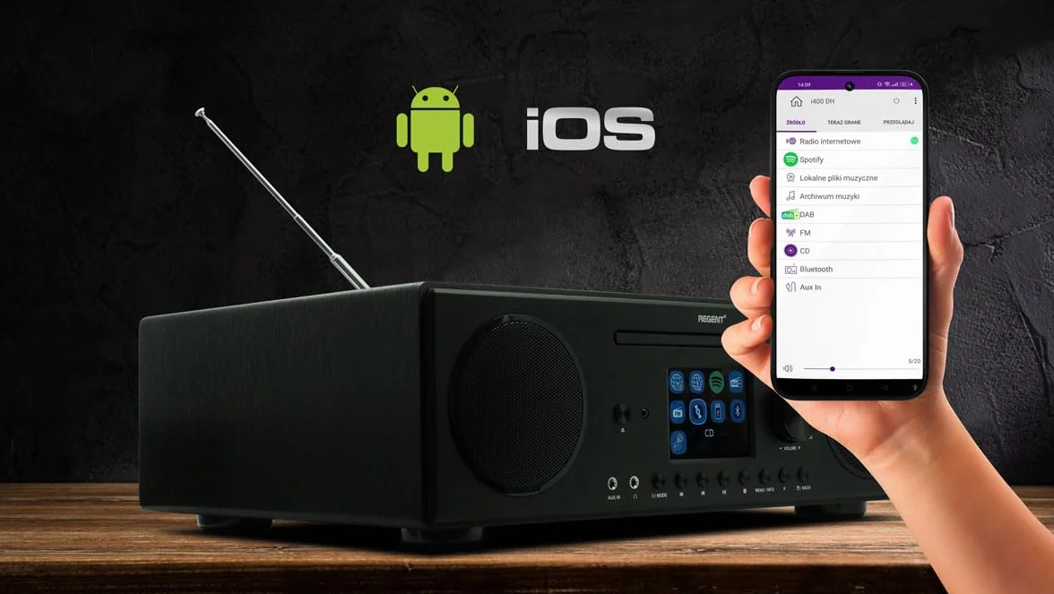 Głośnik REGENT i450s Spotify Connect DAB+ Radio internetowe Odtwarzacz CD Digital Home Stereo Hi-Fi Bluetooth FM 20, podwójny alarm i pilot Wejście AUX i USB (Ciemny Orzech)