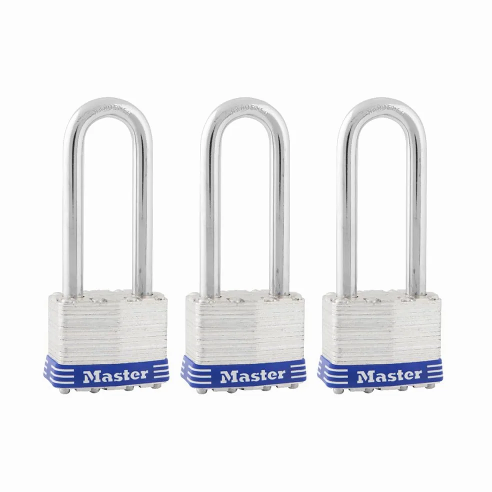 Master Lock Srebrna kłódka na klucz, zestaw 3 szt. – identyczne klucze, wydłużony pałąk, do bram, ogrodzeń, szop lub innego sprzętu, model 1TRILJ
