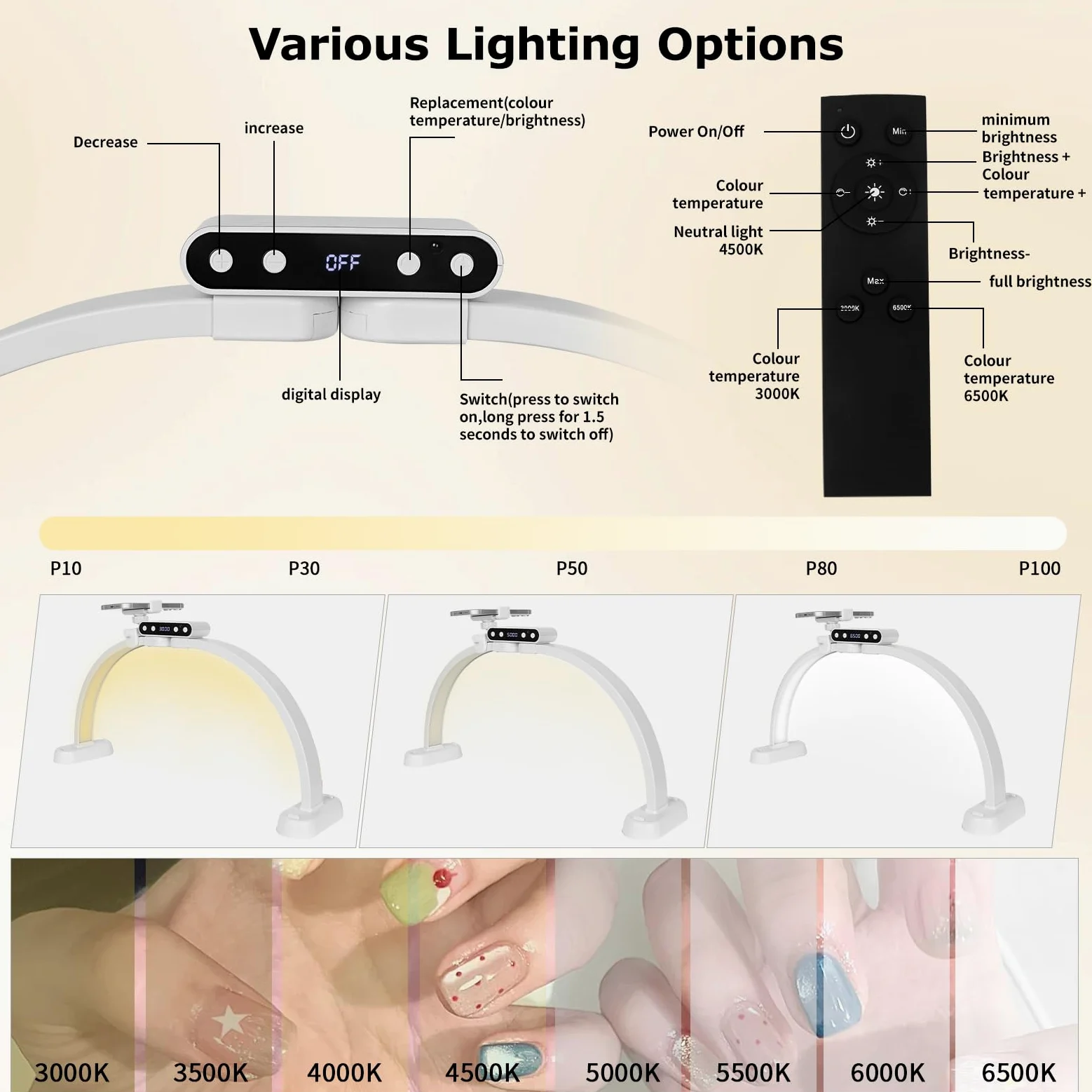 Lampa stołowa LED z 3 trybami kolorystycznymi, składana lampa łukowa ze stojakiem na telefon do manicure, przedłużanie rzęs, piękno, tatuaż
