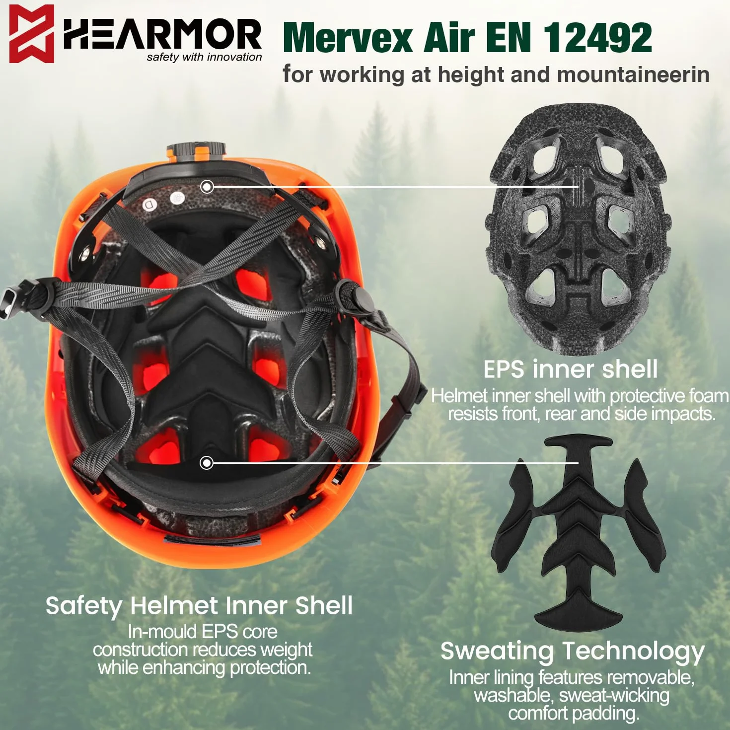 HEARMOR Mervex Forest Air kask ochronny ABS do wysokich miejsc pracy w obszarze leśnym, certyfikat EN12492, certyfikat EN397, amortyzacja uderzeń i odporność na penetrację, kask dla pracowników