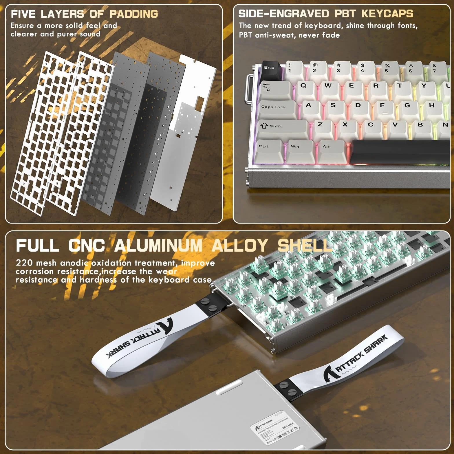 ATTACK SHARK X68MAX HE Pełny Aluminium CNC Klawiatura, 8KHz Rapid Trigger, 0.005mm Regulowalna Aktywacja Przewodowa RGB Gaming Klawiatura z Magnetycznym Przekłącznikiem, Snap Tap