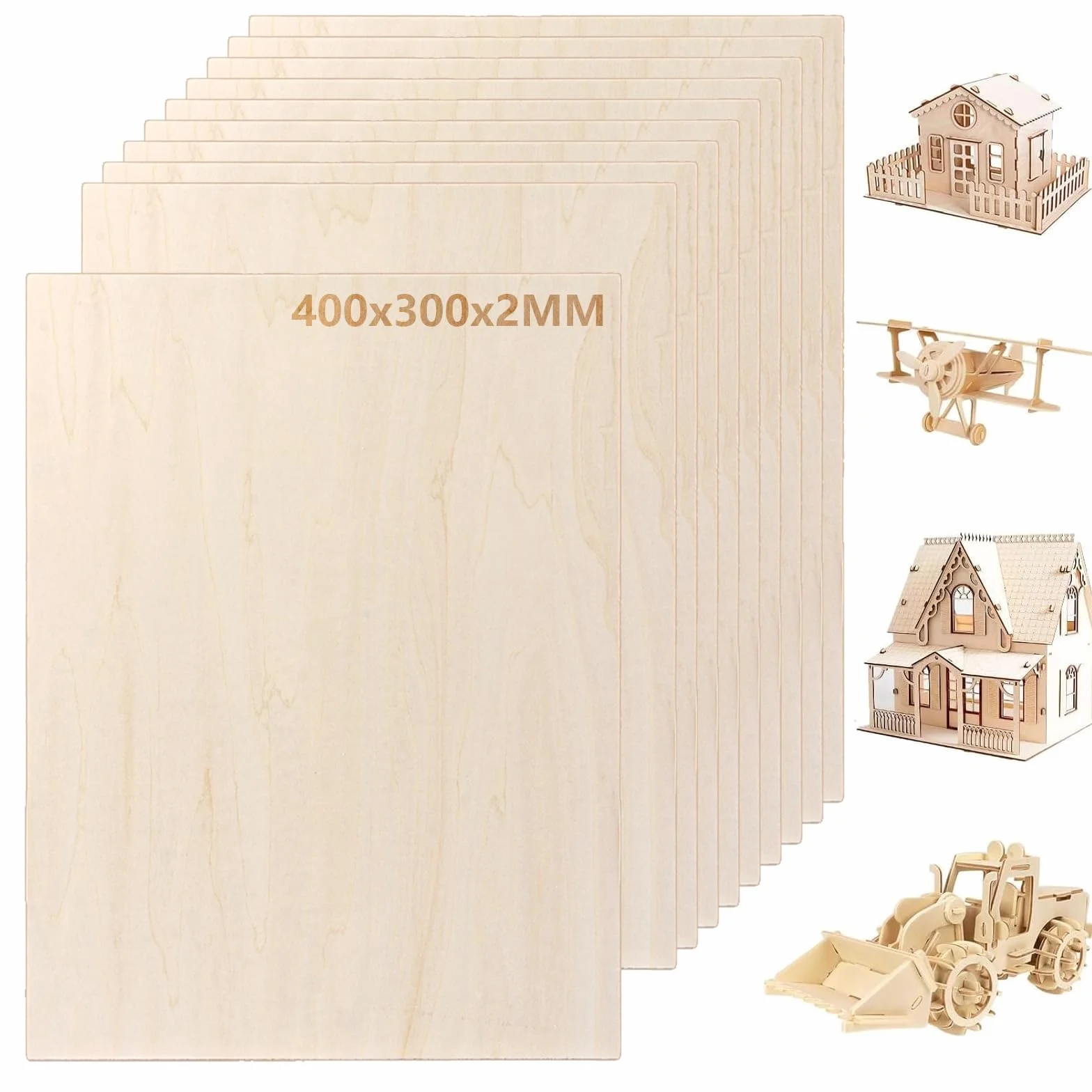 10 sztuk arkuszy sklejki 2 mm, 400 x 300 mm, A3, sklejka lipowa, 2 mm, niedokończona płyta ze sklejki do prac DIY, obróbki laserowej, modelarstwa, obrazów