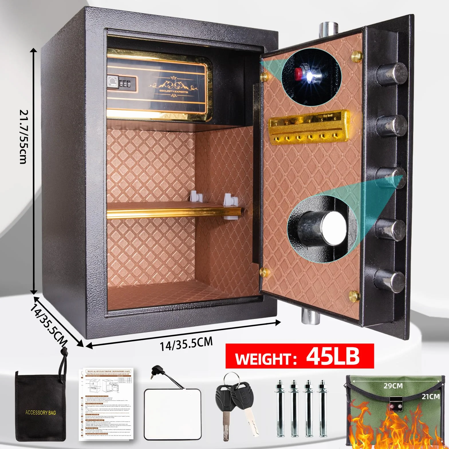 Domowy sejf 70 l, Fireproof Waterproof Security Safe with Digital Keypad and Built in Lock Box, Fireproof Bag with Lock, Fireproof Safe for Home Firearm Medicine Improtant Papers Valuables