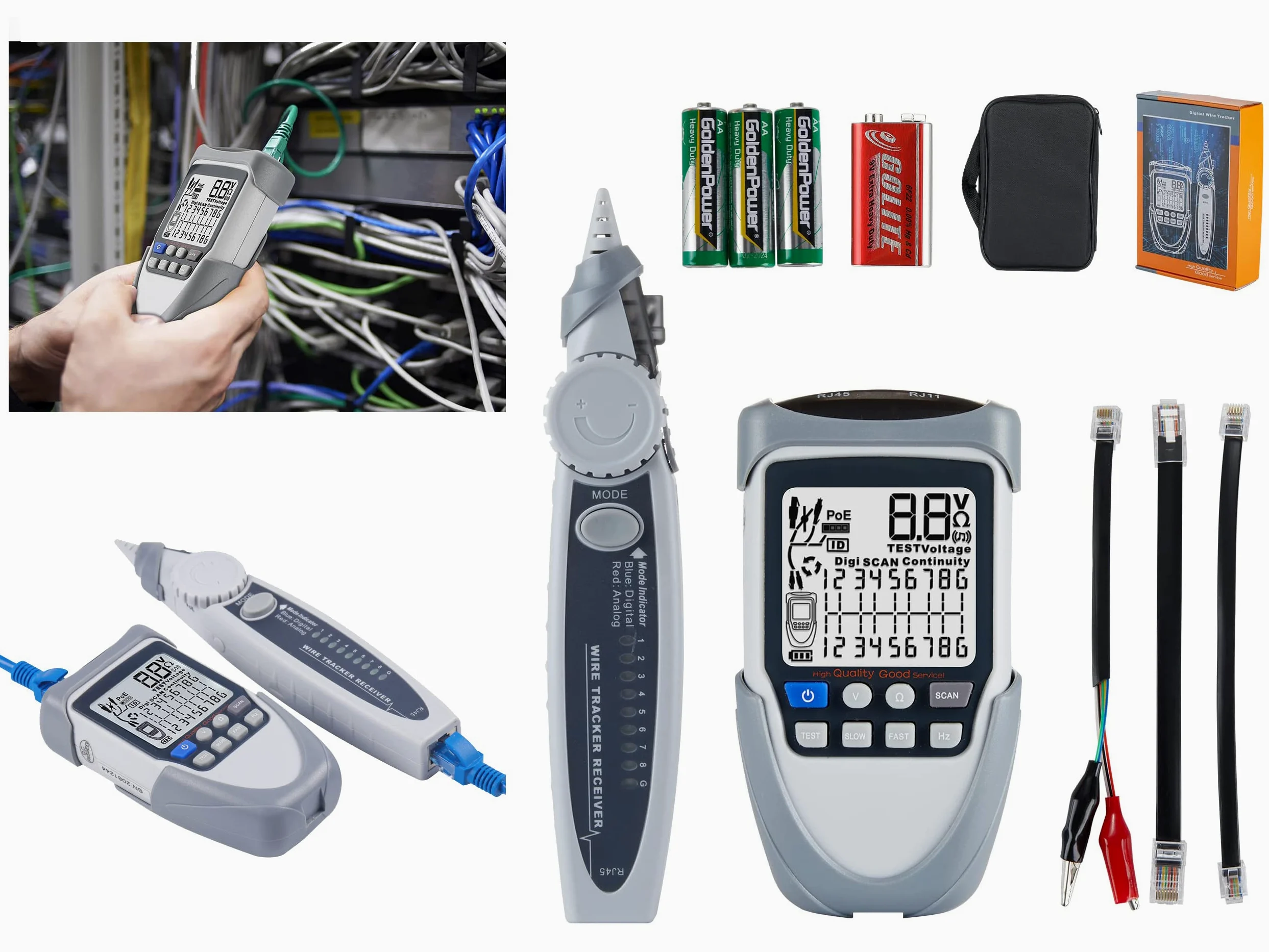 KALEA-INFORMATIQUE Profesjonalny cyfrowy tester sieci LCD RJ45 RJ11. Mapowanie, ciągłość, POE, napięcie, śledzenie, miganie i port latarki