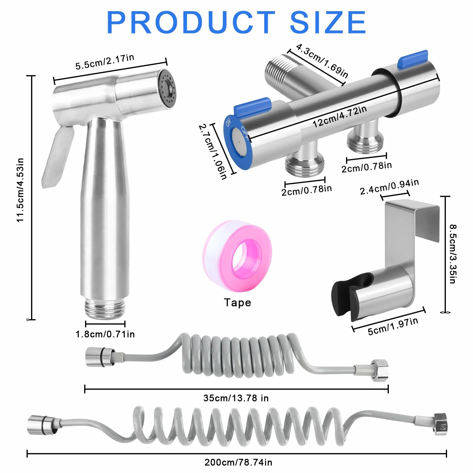 Bidet słuchawka prysznicowa, bidet ze stali nierdzewnej, uniwersalne przyłącze G1/2", wąż sprężynowy 2 m, uchwyt ścienny, głowica prysznicowa ze stali nierdzewnej, do kąpieli dla zwierząt