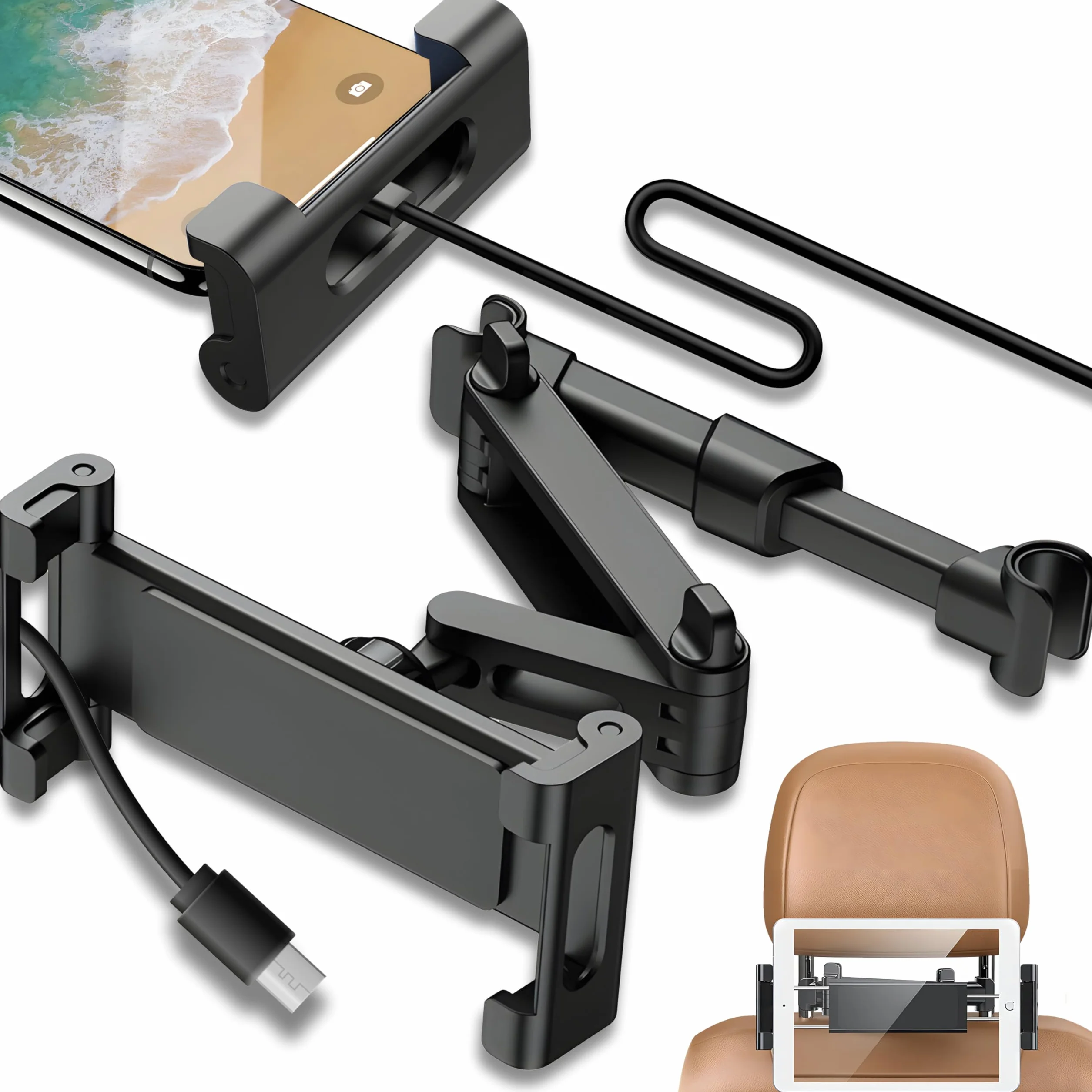 Retoo Uchwyt na tablet samochodowy zagłówek, obrót o 360° uchwyt na głowę, regulowany dla dzieci, kompatybilny z urządzeniami 140-250mm, etui i akcesoriami do telefonu komórkowego i tabletu