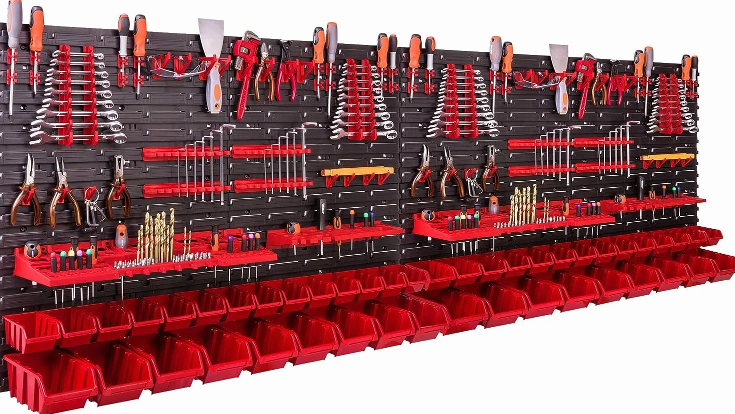 System przechowywania, regał ścienny 230 x 78 cm, uchwyty narzędziowe, 46 szt. Pudełka do układania w stos, regał warsztatowy, magazynowy, bardzo mocne płyty ścienne, możliwość rozbudowy