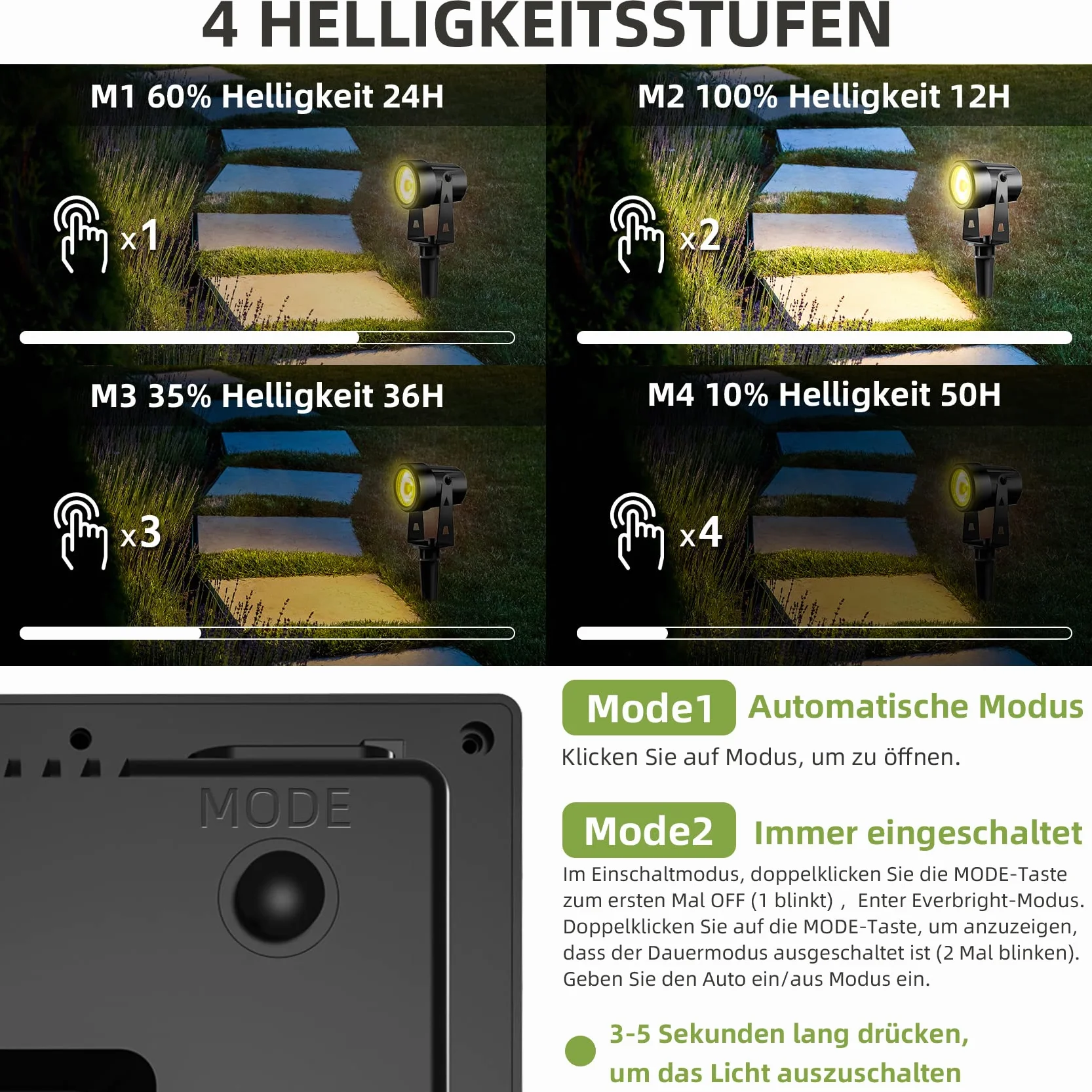 Zewnętrzna lampa solarna, 6 w 1, wodoodporna lampa solarna IP65, solarny reflektor LED, 4 jasności, ciepła biel 3000 K, do ogrodu, na patio, drzewa