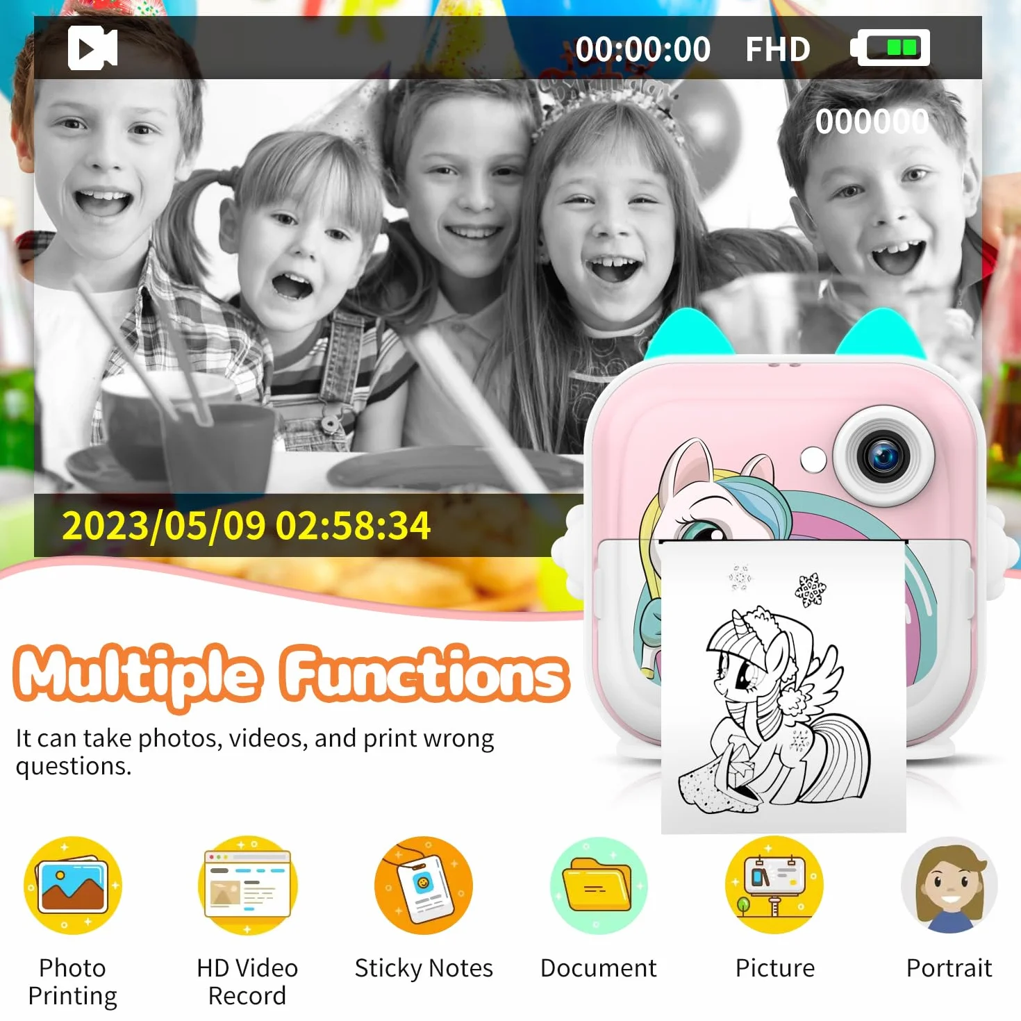 Aparat cyfrowy dla dzieci, 1080P 2.4" HD Aparat fotograficzny dla dzieci z kartą 32 GB i papierem do drukowania, natychmiastowa kamera wideo selfie dla dzieci w wieku 6 lat i starszych, prezent