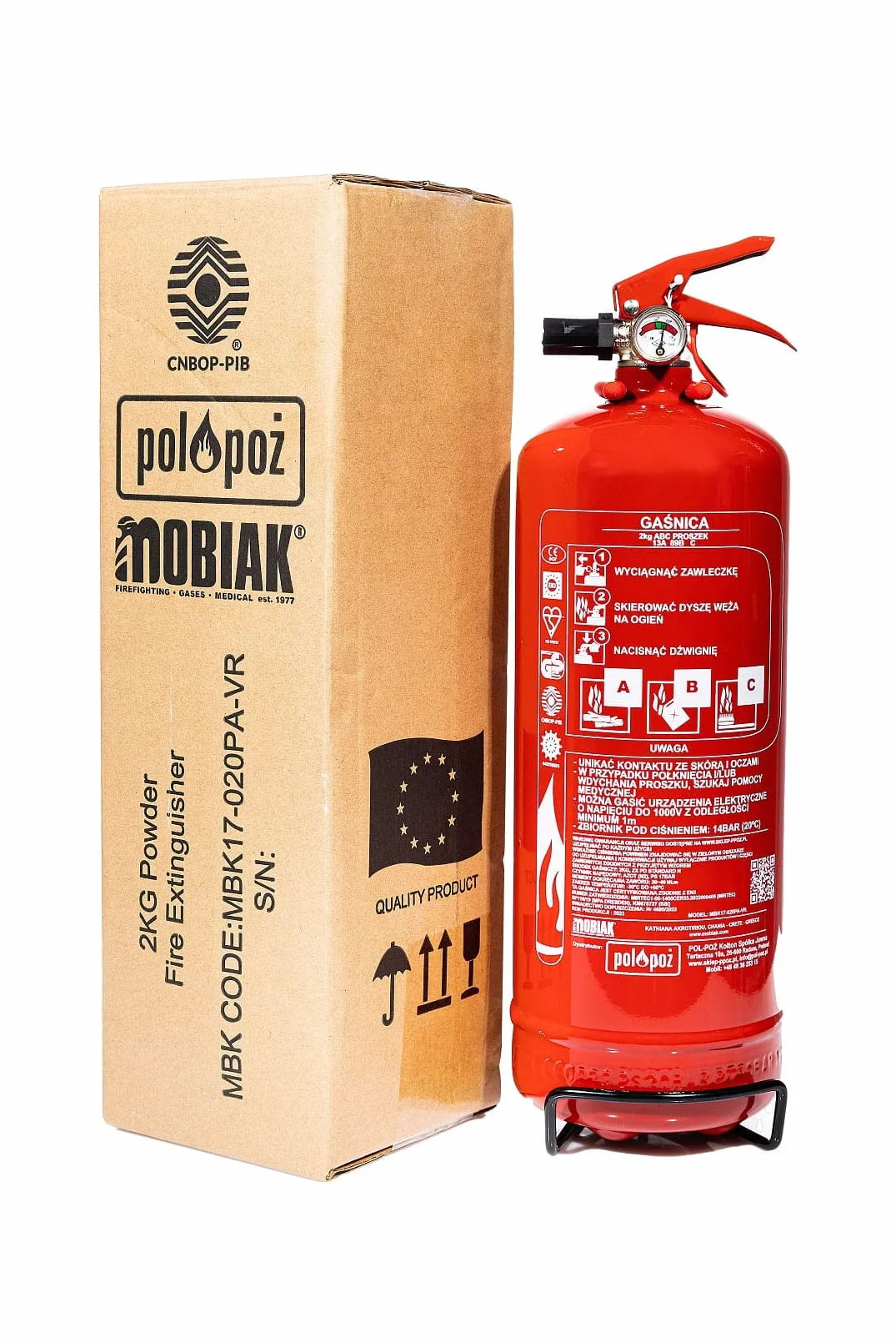 Gaśnica proszkowa do domu, biura, firmy, samochodu 2kg GP2x ABC MOBIAK z wieszakiem certyfikat CNBOP