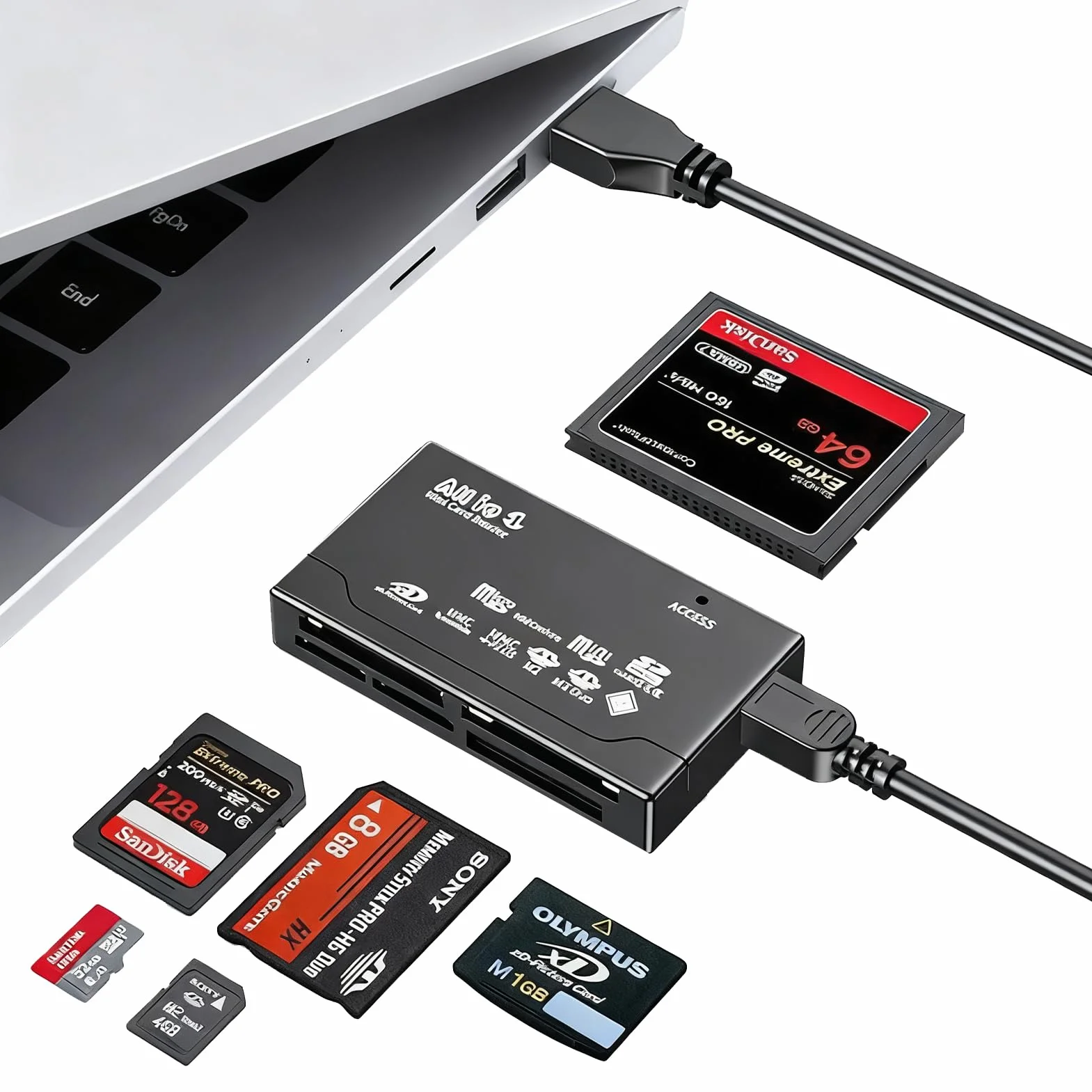 Czytnik USB 6 w 1 All-in-One karta pamięci, zewnętrzna karta pamięci kompatybilna z CF SD SDHC XD MS M2 TF, szybki, 480 Mb/s Plug and Play, do komputerów PC z systemem Windows i Mac OS