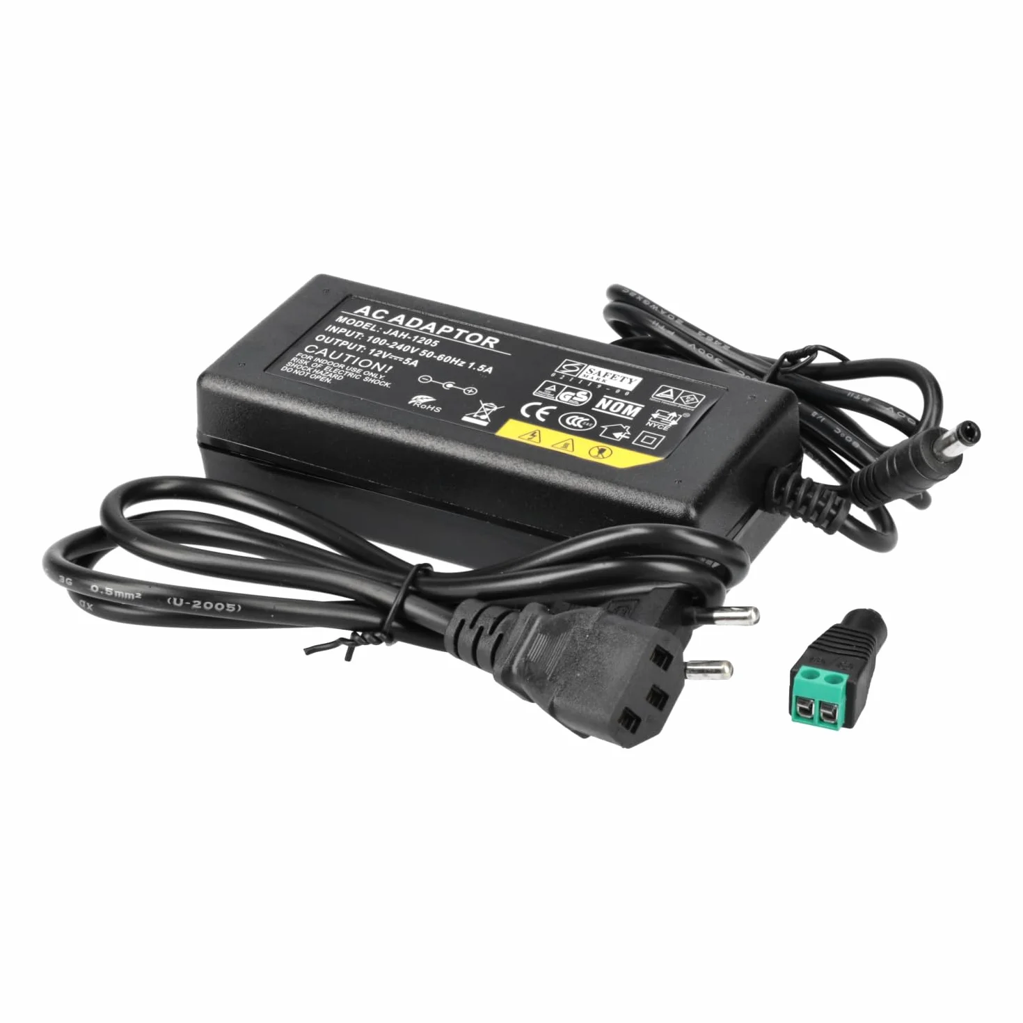 Jandei - Zasilacz transformatorowy wtykowy 110/220V AC na 12V DC 60W 5A, kabel 1m i złącze żeńskie. Instalacja wewnętrzna IP20, do taśm LED, neonów lub urządzeń niskonapięciowych