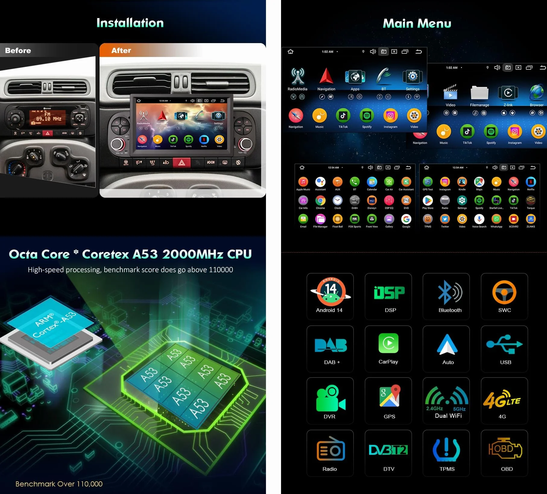Radio Samochodowe 8-Rdzeniowy Android 14 IPS Ekran Dotykowy Bluetooth 5.0 Do FIAT Panda Bezprzewodowy Carplay