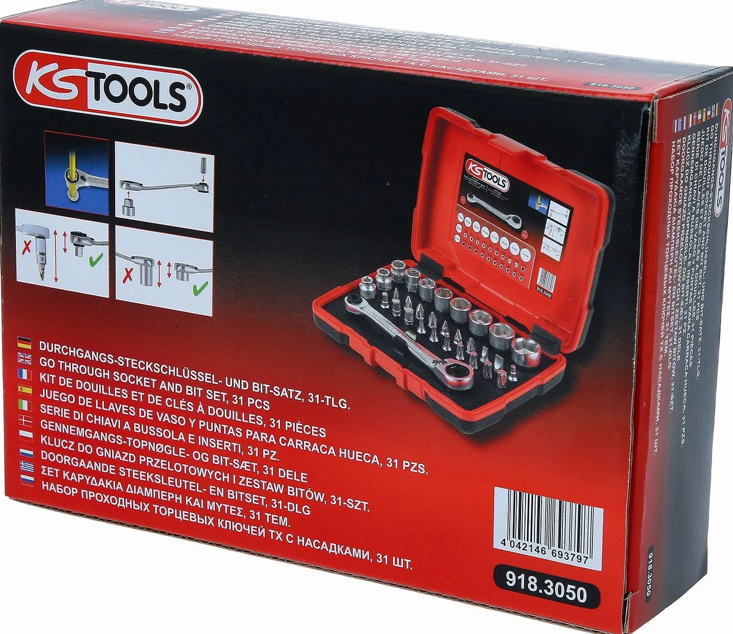 KS Tools 918.3050 1/4" + 11 mm klucz do gniazd przelotowych i zestaw bitów, 31-szt