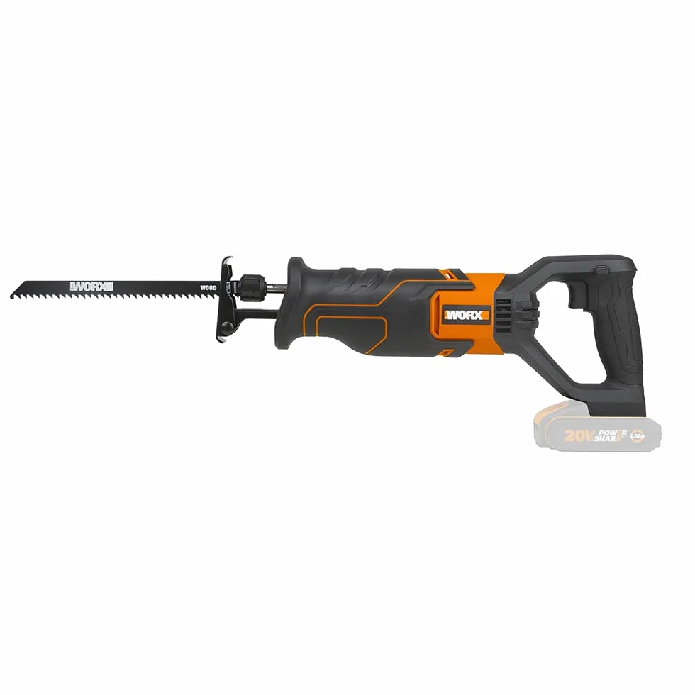 WORX WX500.9 Akumulatorowa Piła Szablasta 20 V, Piła Akumulatorowa do Cięcia Drewna, Pcw, Stali itp., Regulowana Płyta Podstawy, Zmienna Prędkość